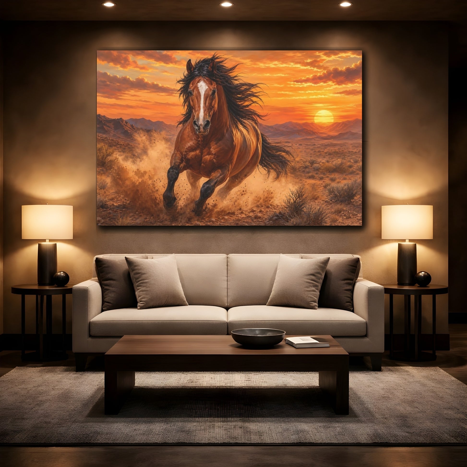 Mockup 2. Soft Painterly Realism Stallion Running Through Desert Dust At Sunset shown as stretched canvas wall art