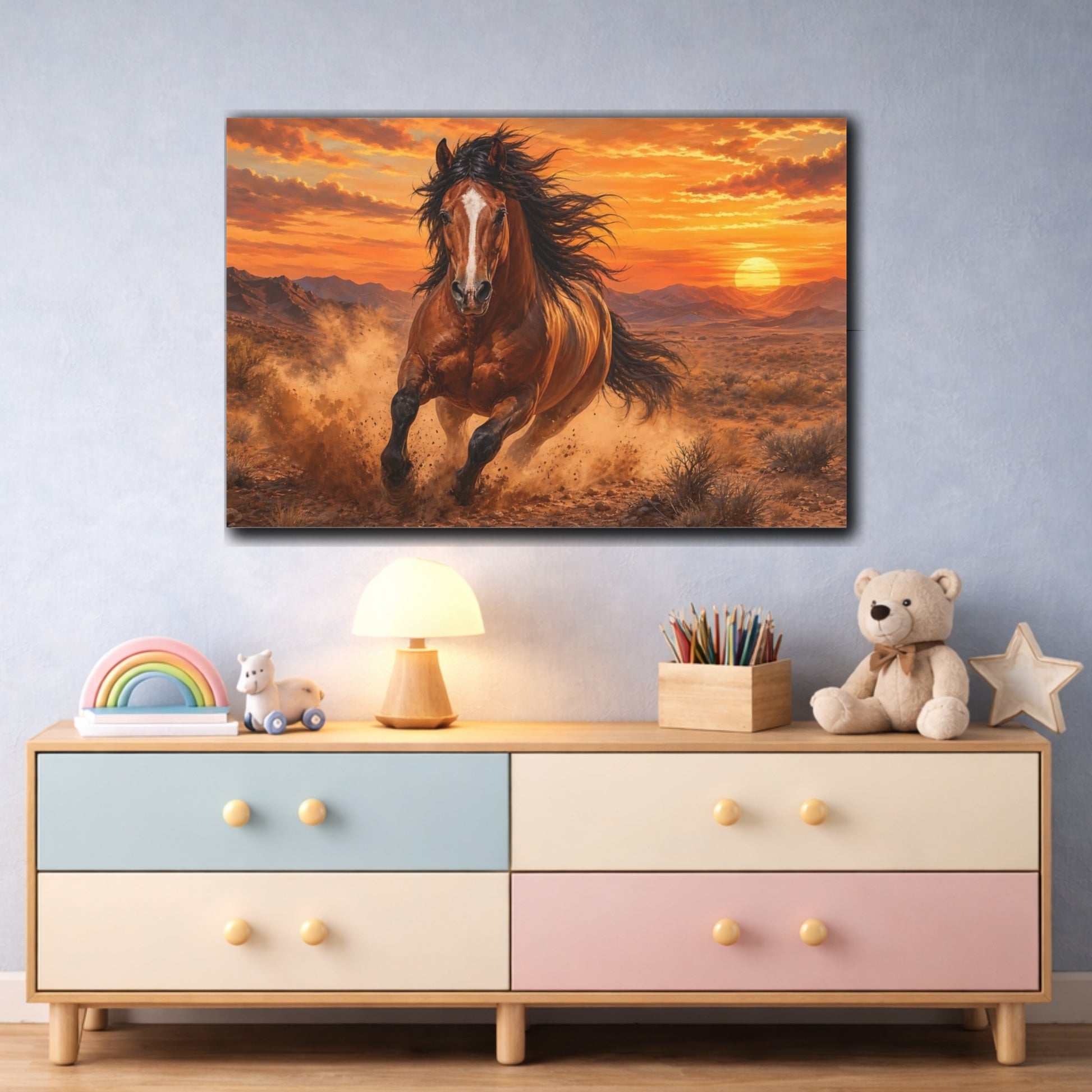 Mockup 3. Soft Painterly Realism Stallion Running Through Desert Dust At Sunset shown as stretched canvas wall art