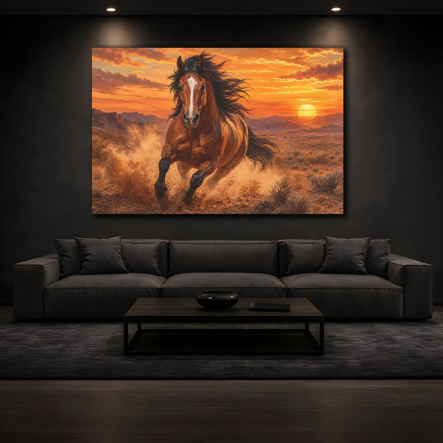 Mockup 4. Soft Painterly Realism Stallion Running Through Desert Dust At Sunset shown as stretched canvas wall art