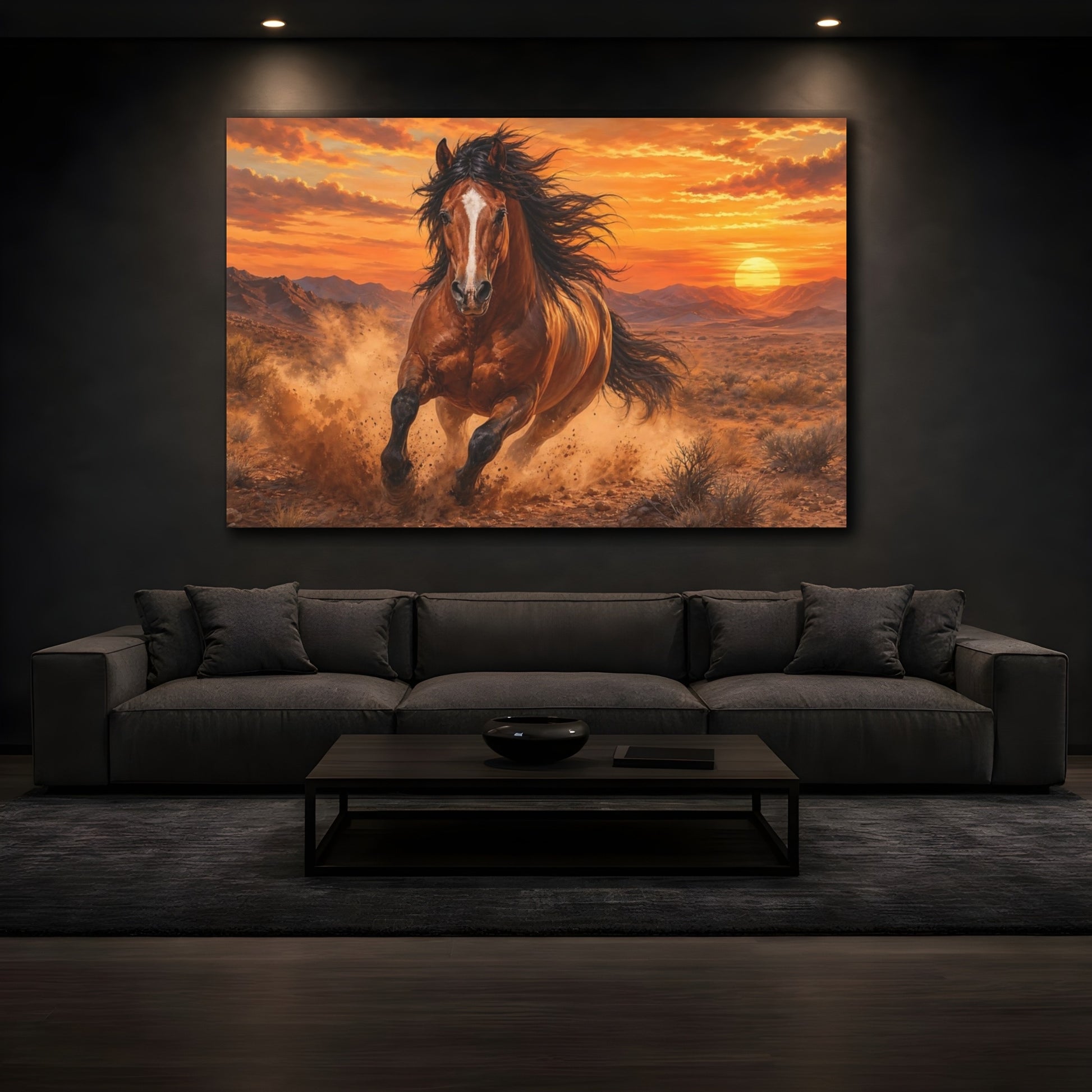 Mockup 4. Soft Painterly Realism Stallion Running Through Desert Dust At Sunset shown as stretched canvas wall art