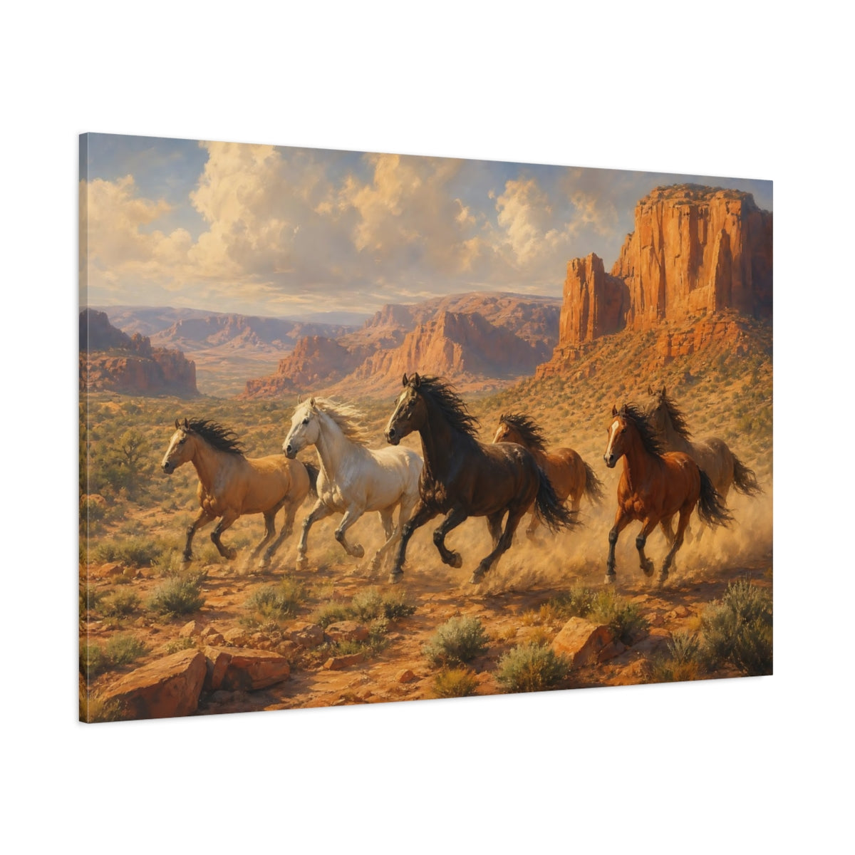 Side Mockup 1. Soft Painterly Realism Wild Horses Near Desert Canyon shown as stretched canvas wall art