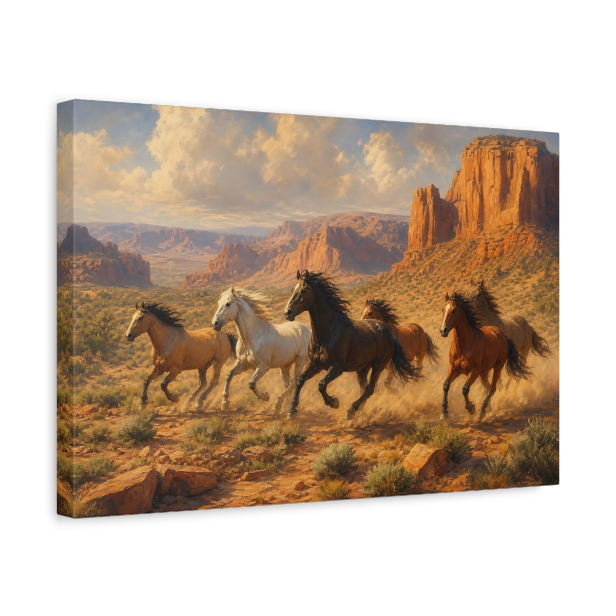 Side Mockup 4. Soft Painterly Realism Wild Horses Near Desert Canyon shown as stretched canvas wall art