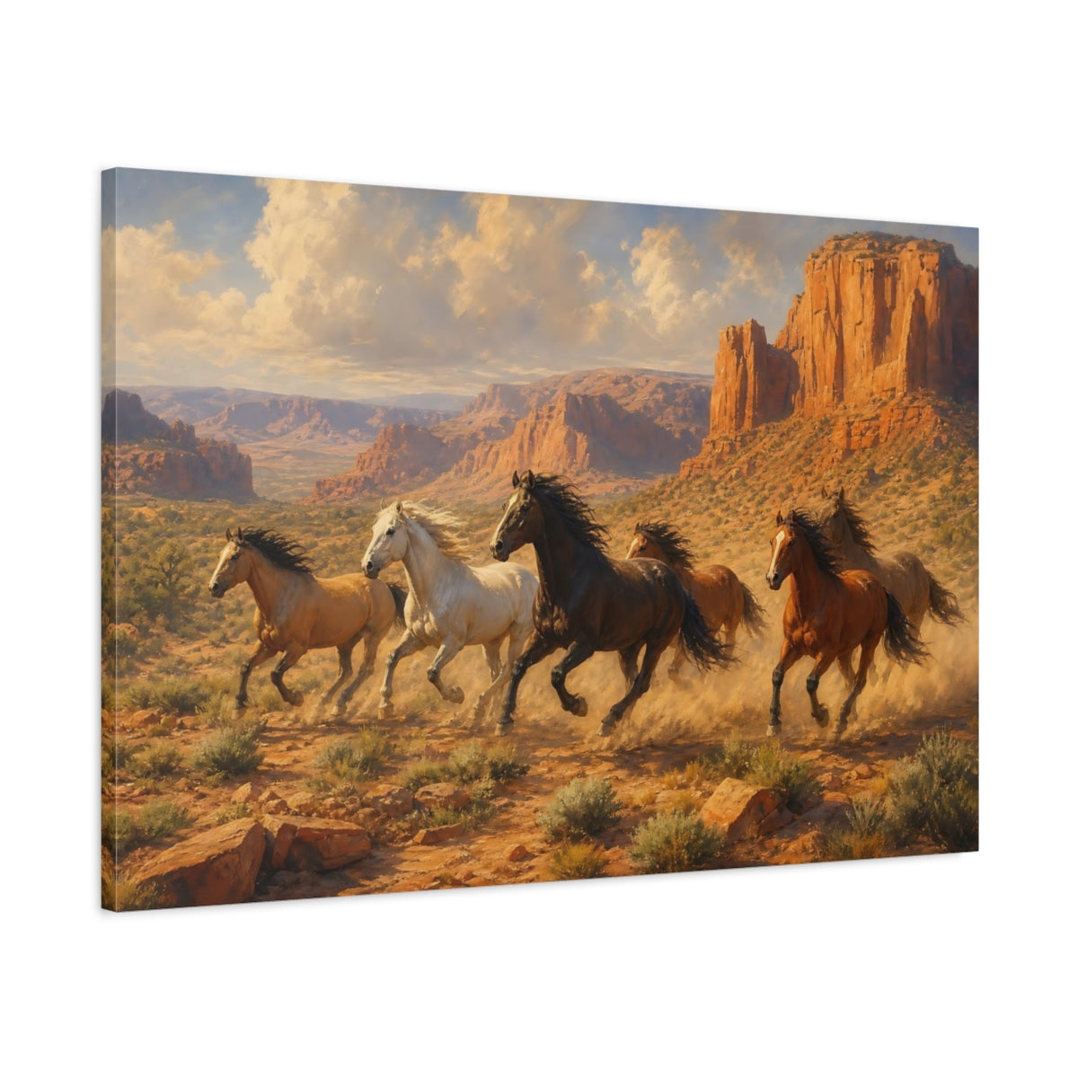 Main Mockup. Soft Painterly Realism Wild Horses Near Desert Canyon shown as stretched canvas wall art