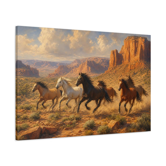 Main Mockup. Soft Painterly Realism Wild Horses Near Desert Canyon shown as stretched canvas wall art
