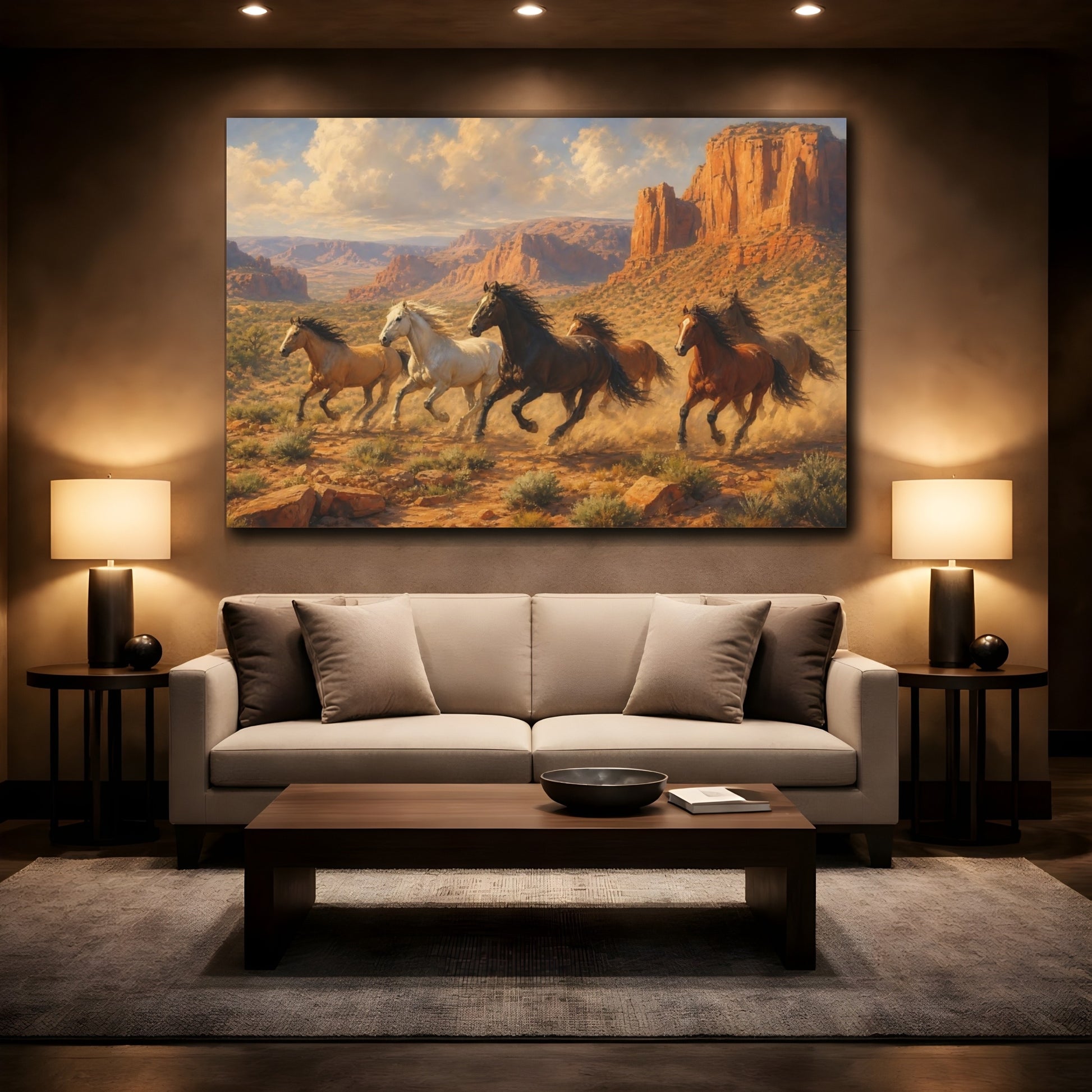 Mockup 2. Soft Painterly Realism Wild Horses Near Desert Canyon shown as stretched canvas wall art