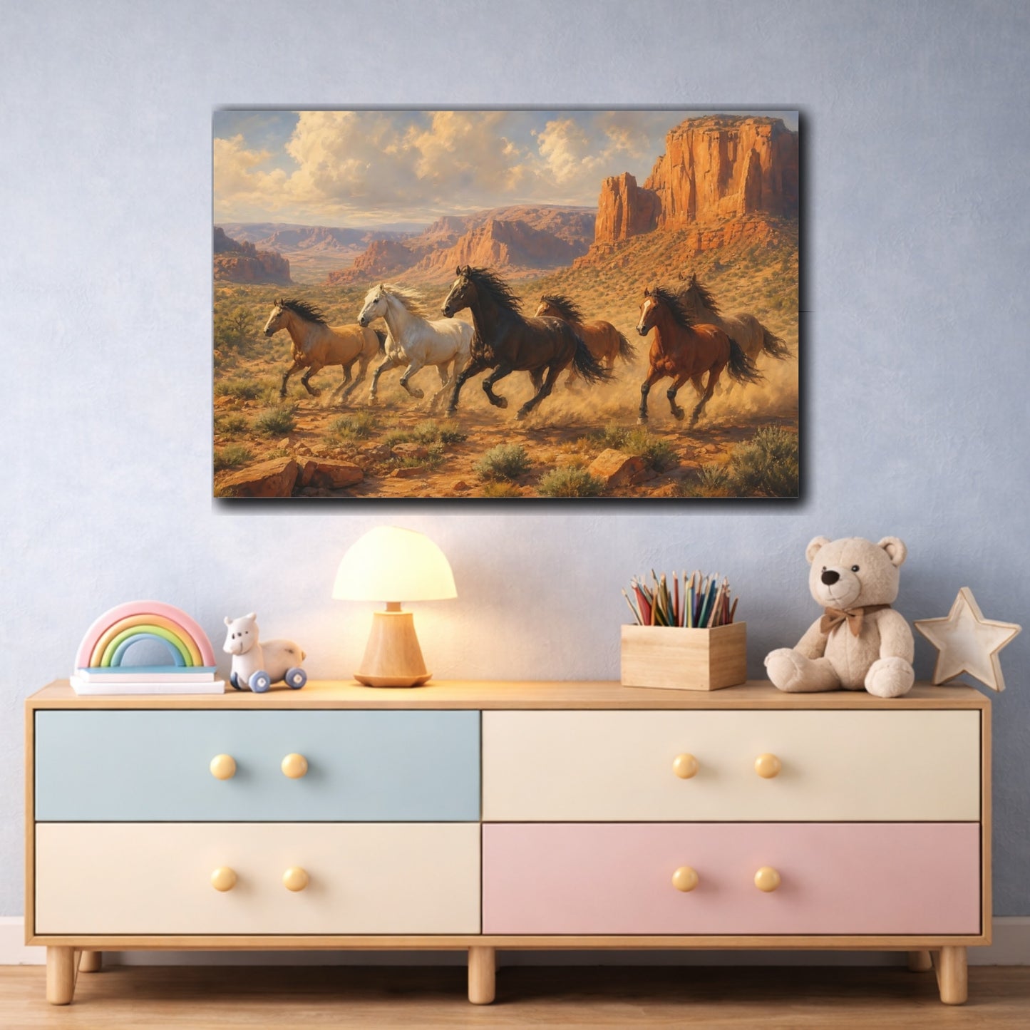 Mockup 3. Soft Painterly Realism Wild Horses Near Desert Canyon shown as stretched canvas wall art
