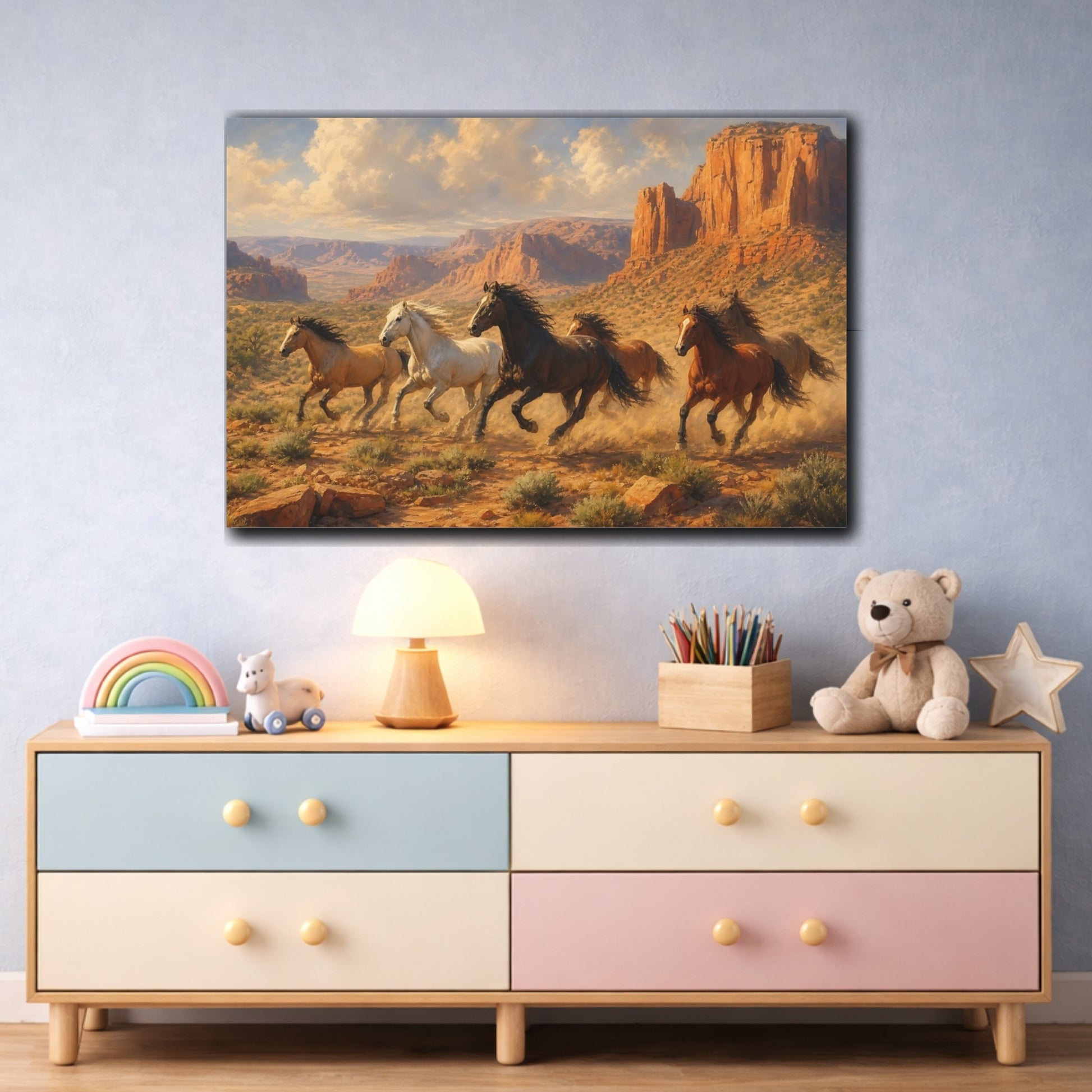 Mockup 3. Soft Painterly Realism Wild Horses Near Desert Canyon shown as stretched canvas wall art