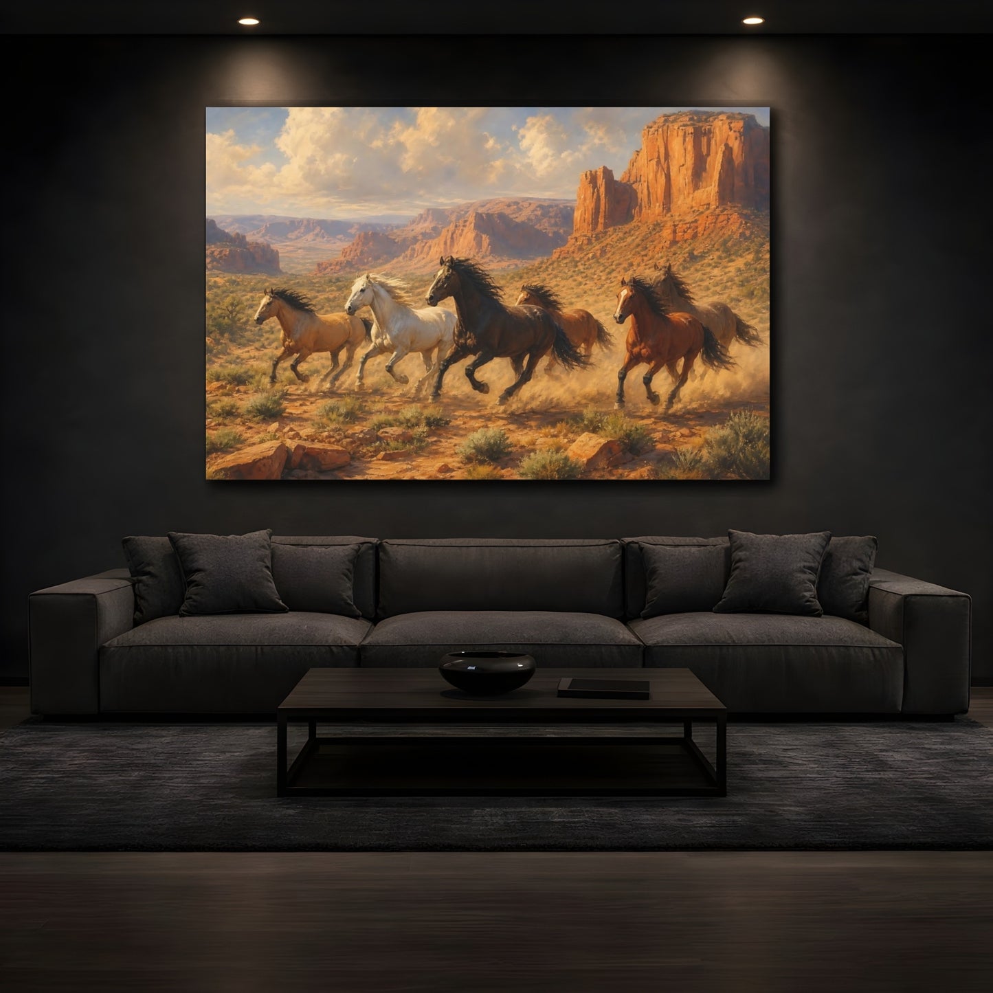 Mockup 4. Soft Painterly Realism Wild Horses Near Desert Canyon shown as stretched canvas wall art