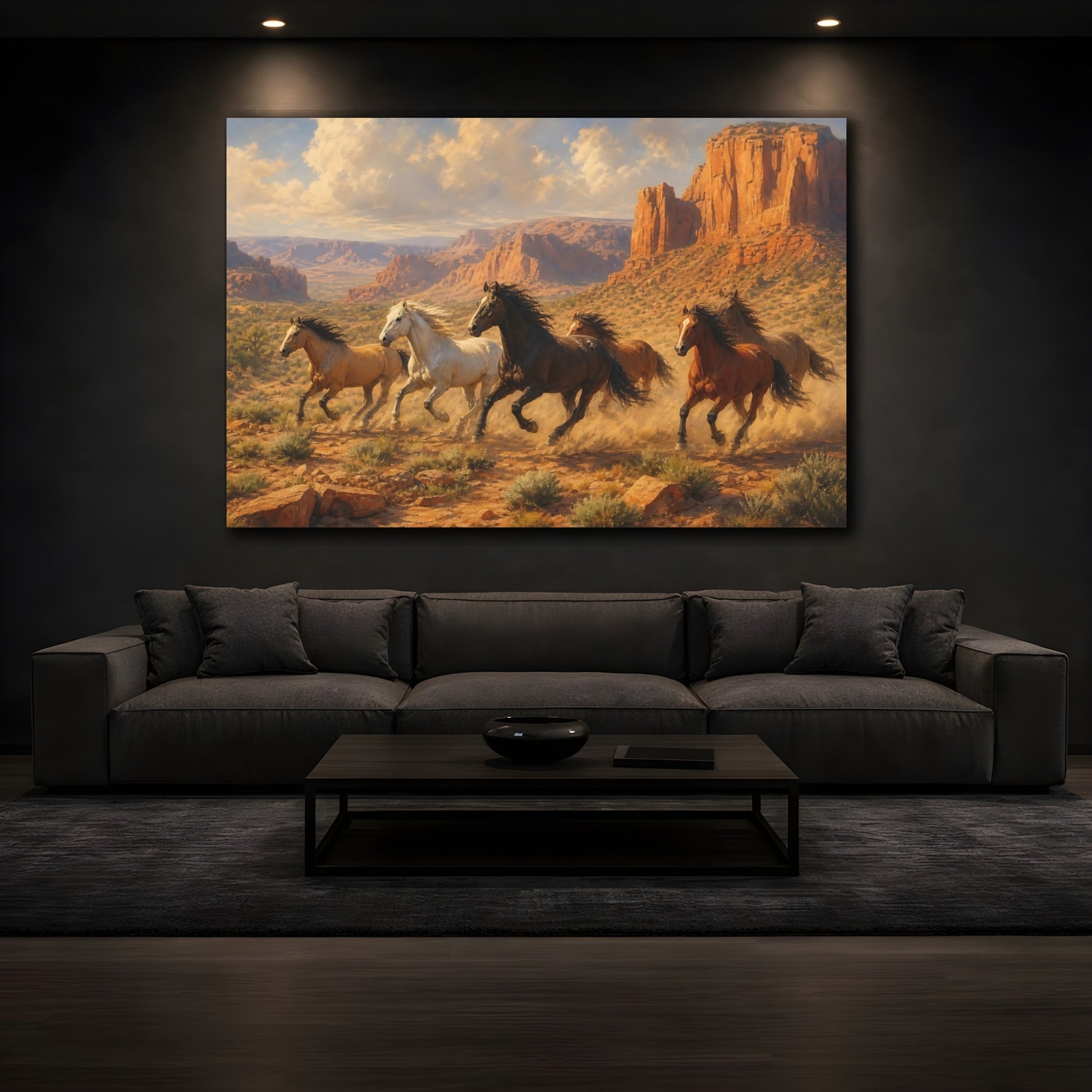Mockup 4. Soft Painterly Realism Wild Horses Near Desert Canyon shown as stretched canvas wall art