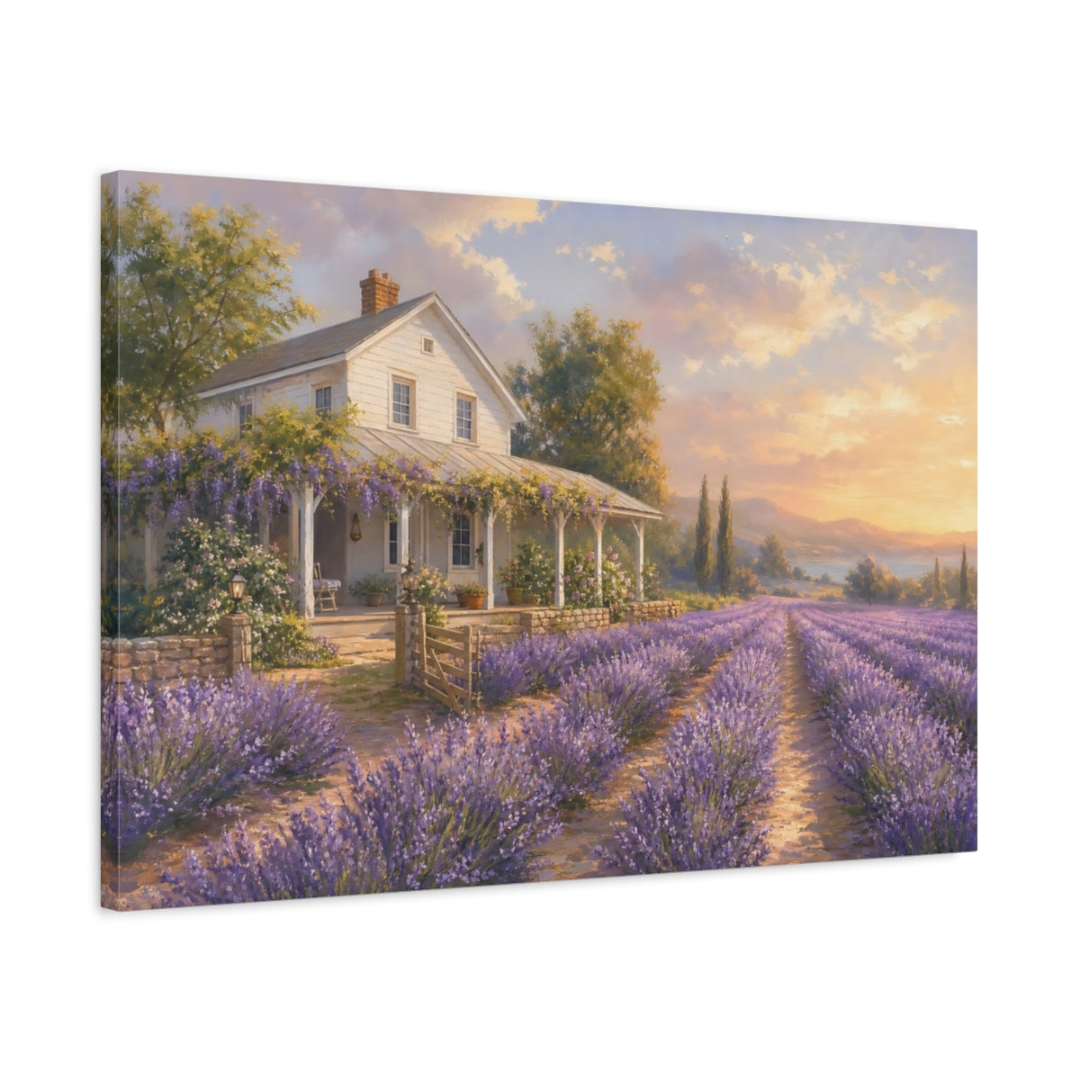 Side Mockup 2. Soft Pastel Painting White Farmhouse Beside Lavender Rows shown as canvas print
