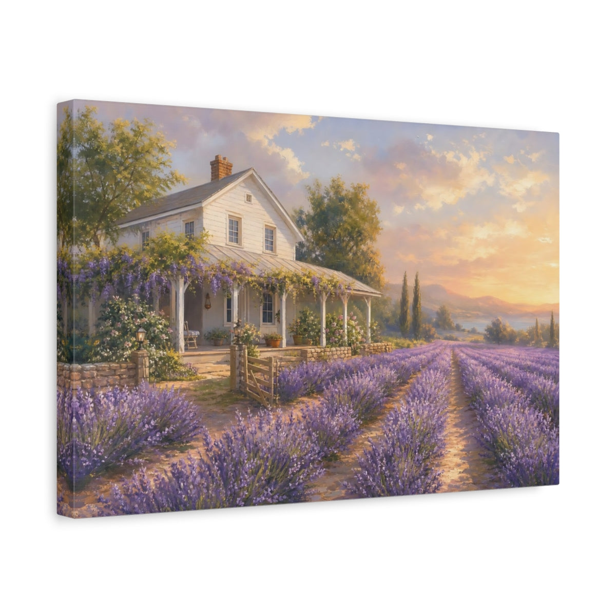 Side Mockup 4. Soft Pastel Painting White Farmhouse Beside Lavender Rows shown as canvas print