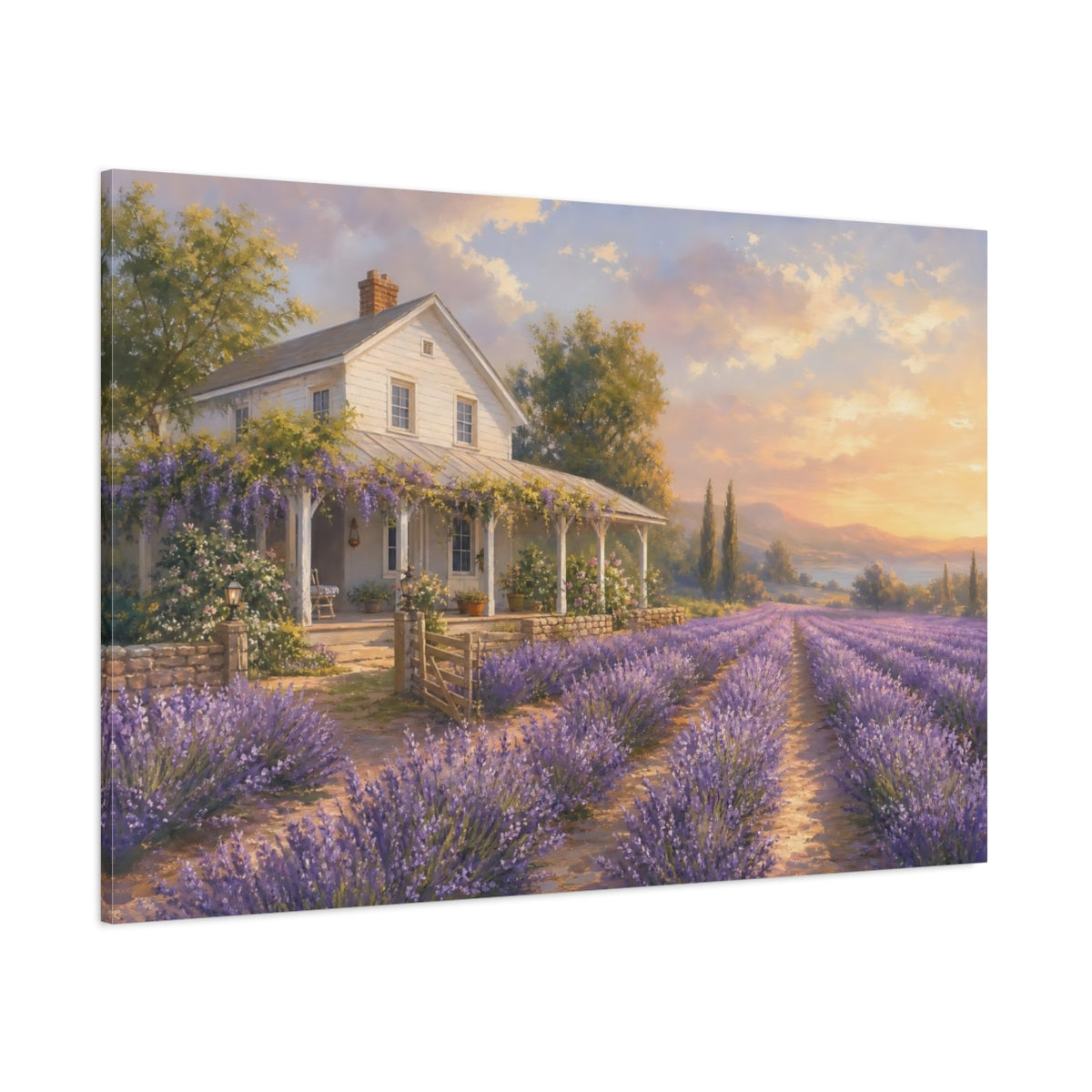 Side Mockup 1. Soft Pastel Painting White Farmhouse Beside Lavender Rows shown as canvas print