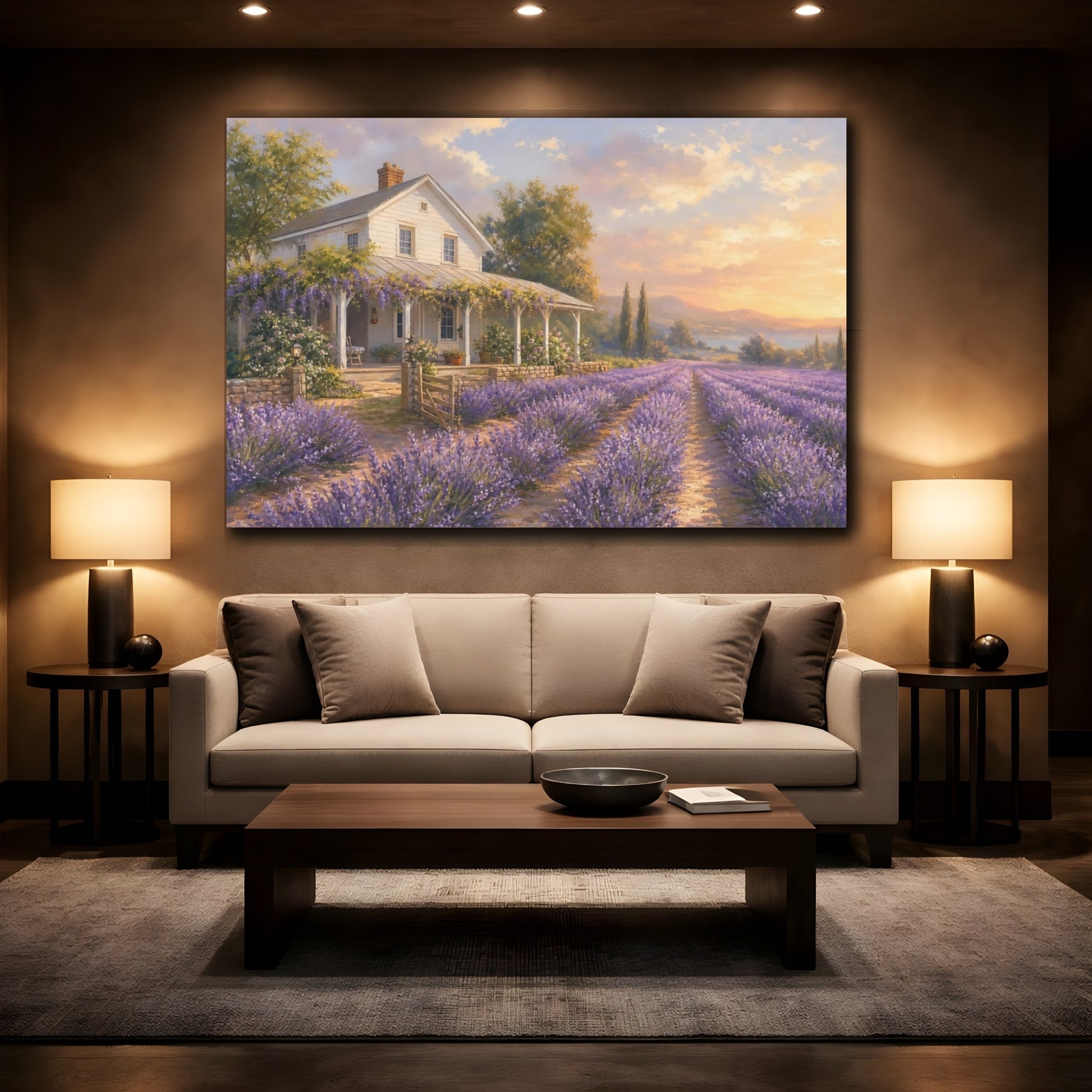 Mockup 2. Soft Pastel Painting White Farmhouse Beside Lavender Rows shown as canvas print