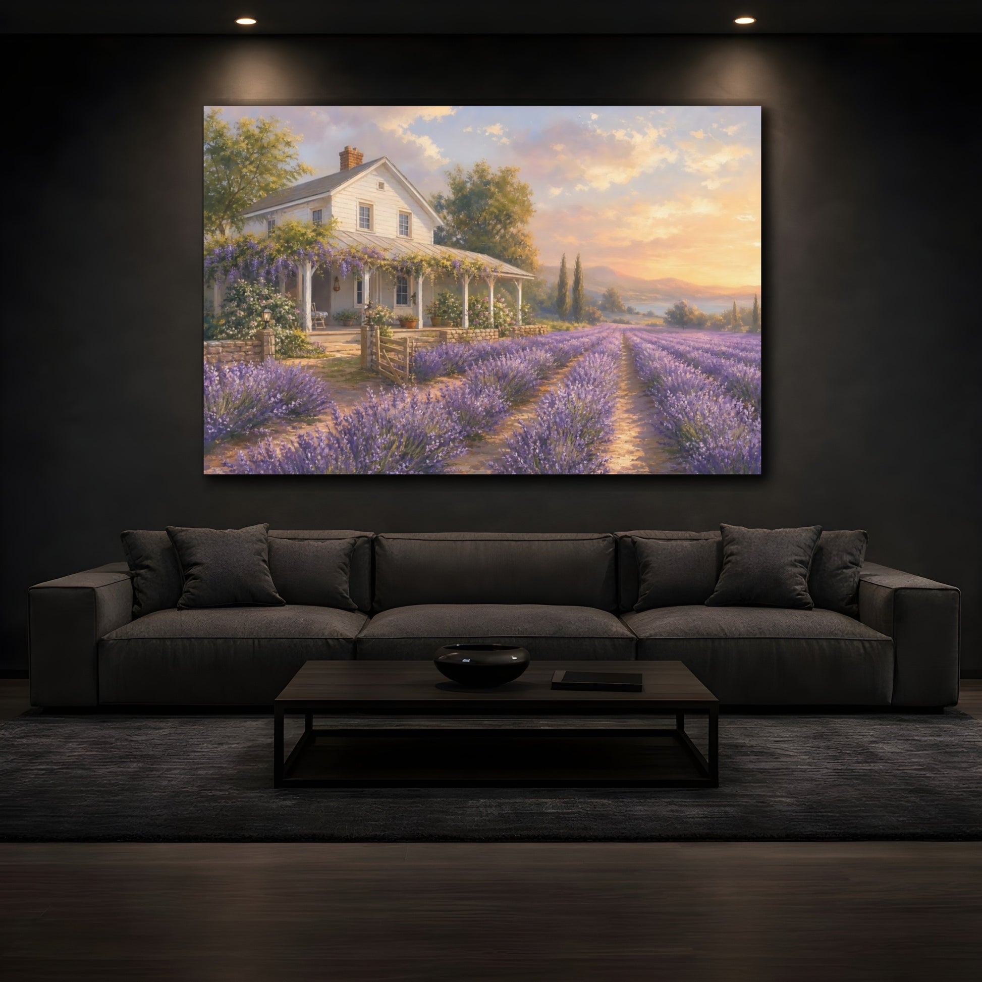 Mockup 3. Soft Pastel Painting White Farmhouse Beside Lavender Rows shown as canvas print