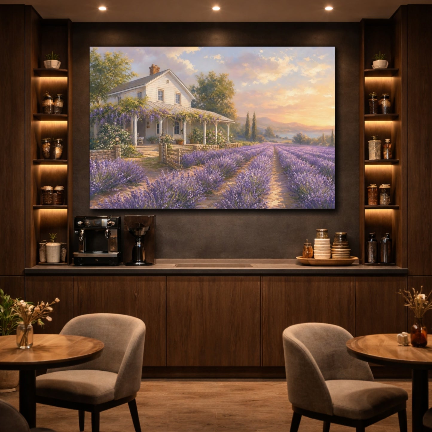 Mockup 4. Soft Pastel Painting White Farmhouse Beside Lavender Rows shown as canvas print