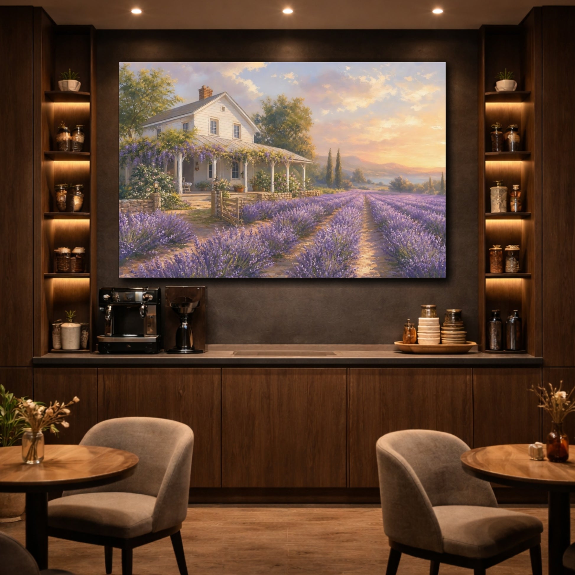 Mockup 4. Soft Pastel Painting White Farmhouse Beside Lavender Rows shown as canvas print