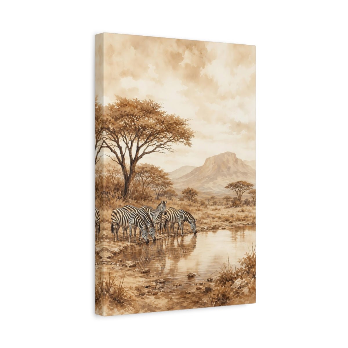 Soft Sepia Watercolor Landscape Wash Zebras Canvas Print – Living Room, Above Couch - YesArtYes