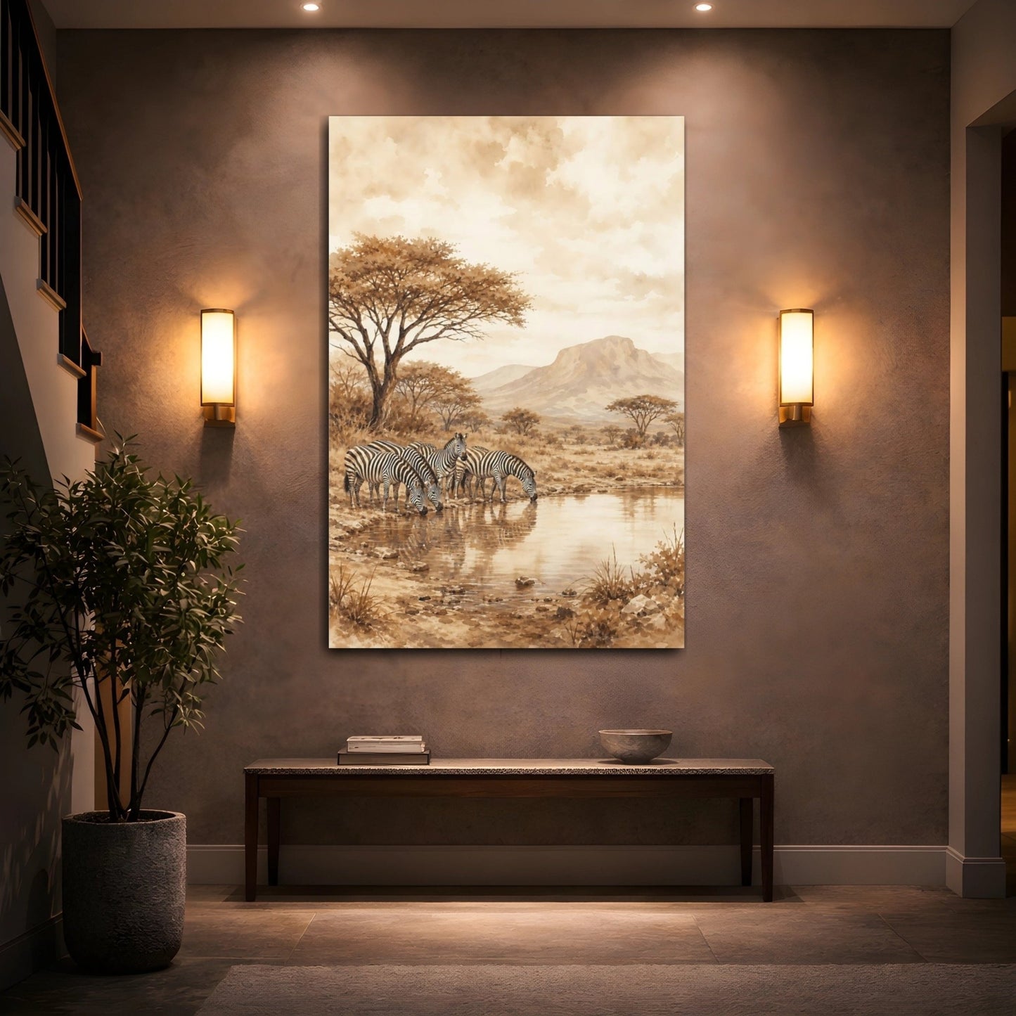 Soft Sepia Watercolor Landscape Wash Zebras Canvas Print – Living Room, Above Couch - YesArtYes