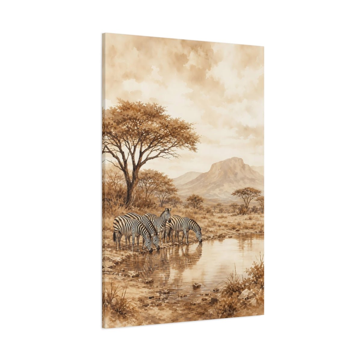 Soft Sepia Watercolor Landscape Wash Zebras Canvas Print – Living Room, Above Couch - YesArtYes