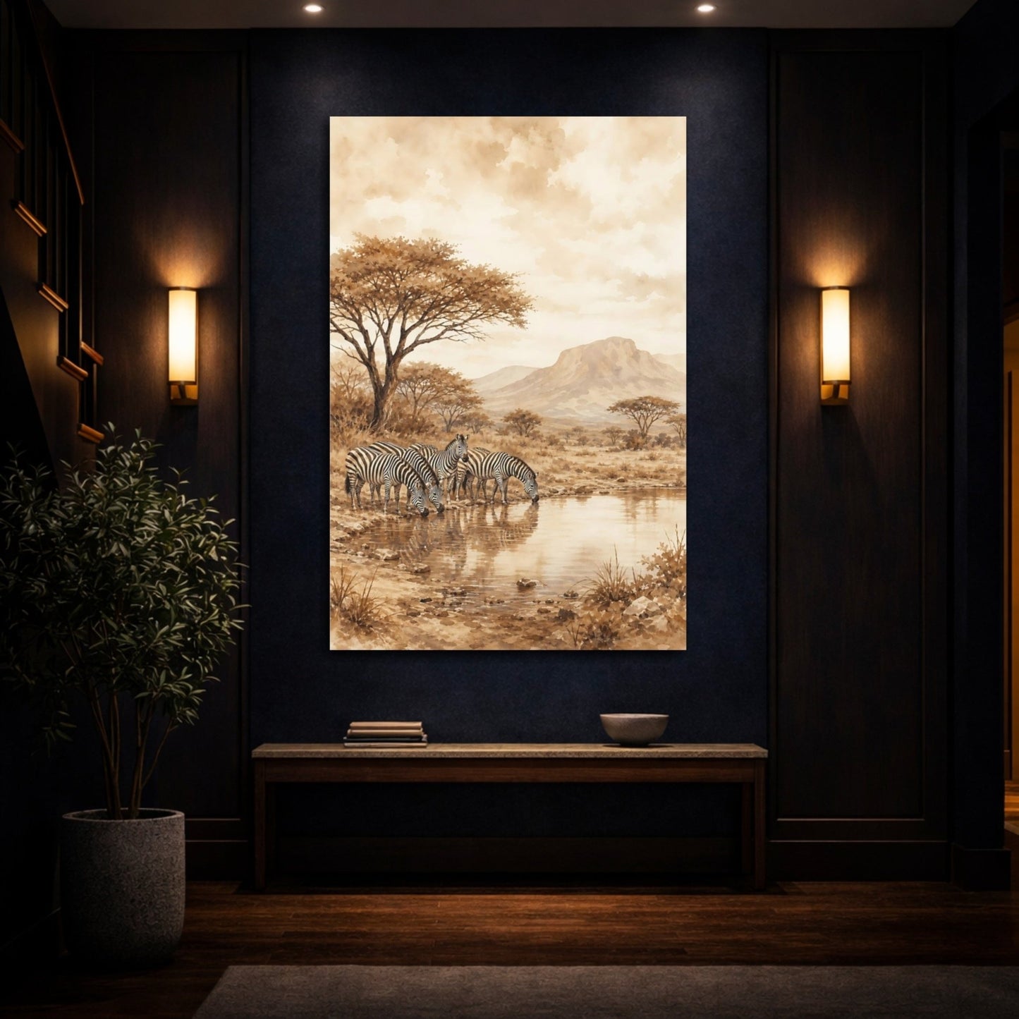 Soft Sepia Watercolor Landscape Wash Zebras Canvas Print – Living Room, Above Couch - YesArtYes