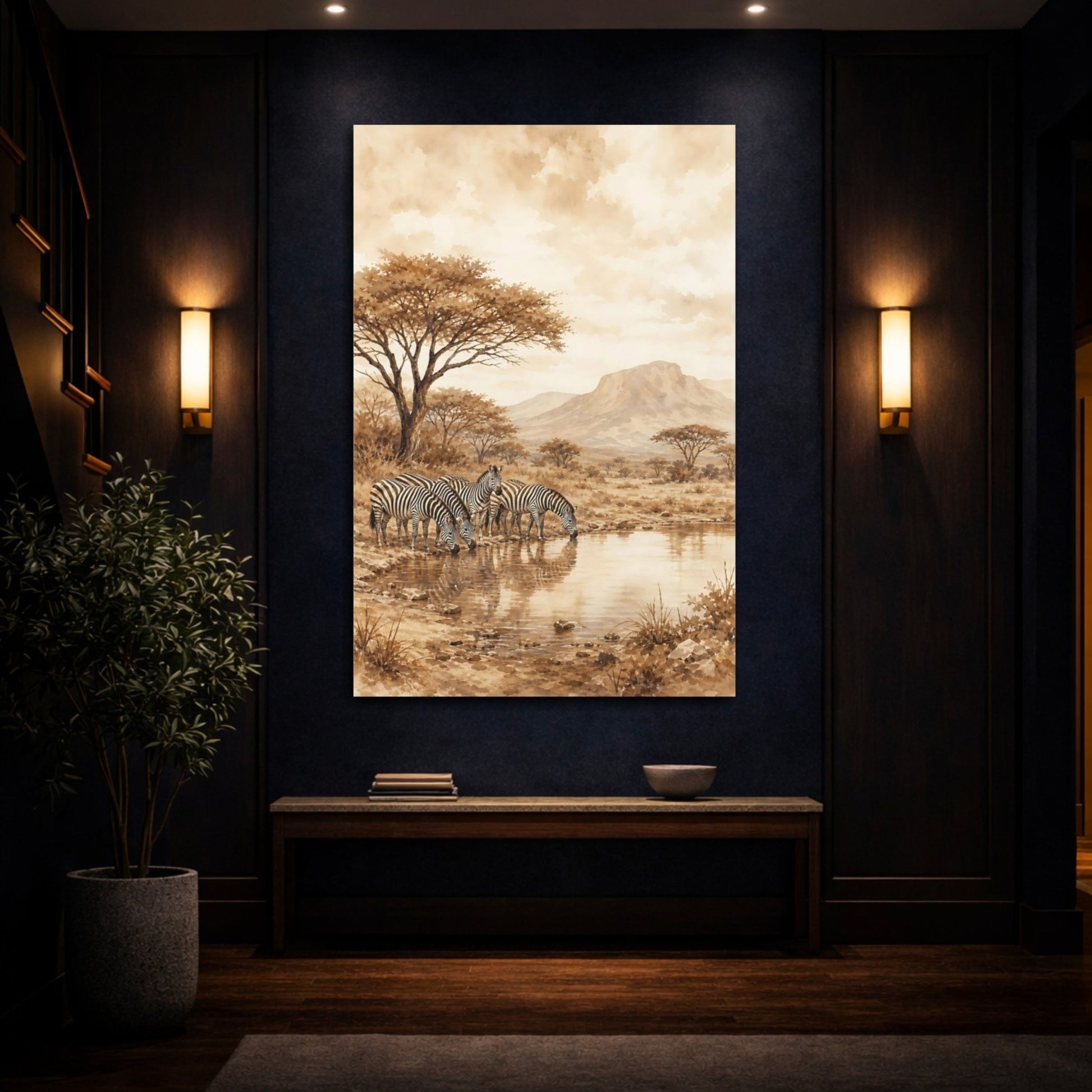 Soft Sepia Watercolor Landscape Wash Zebras Canvas Print – Living Room, Above Couch - YesArtYes