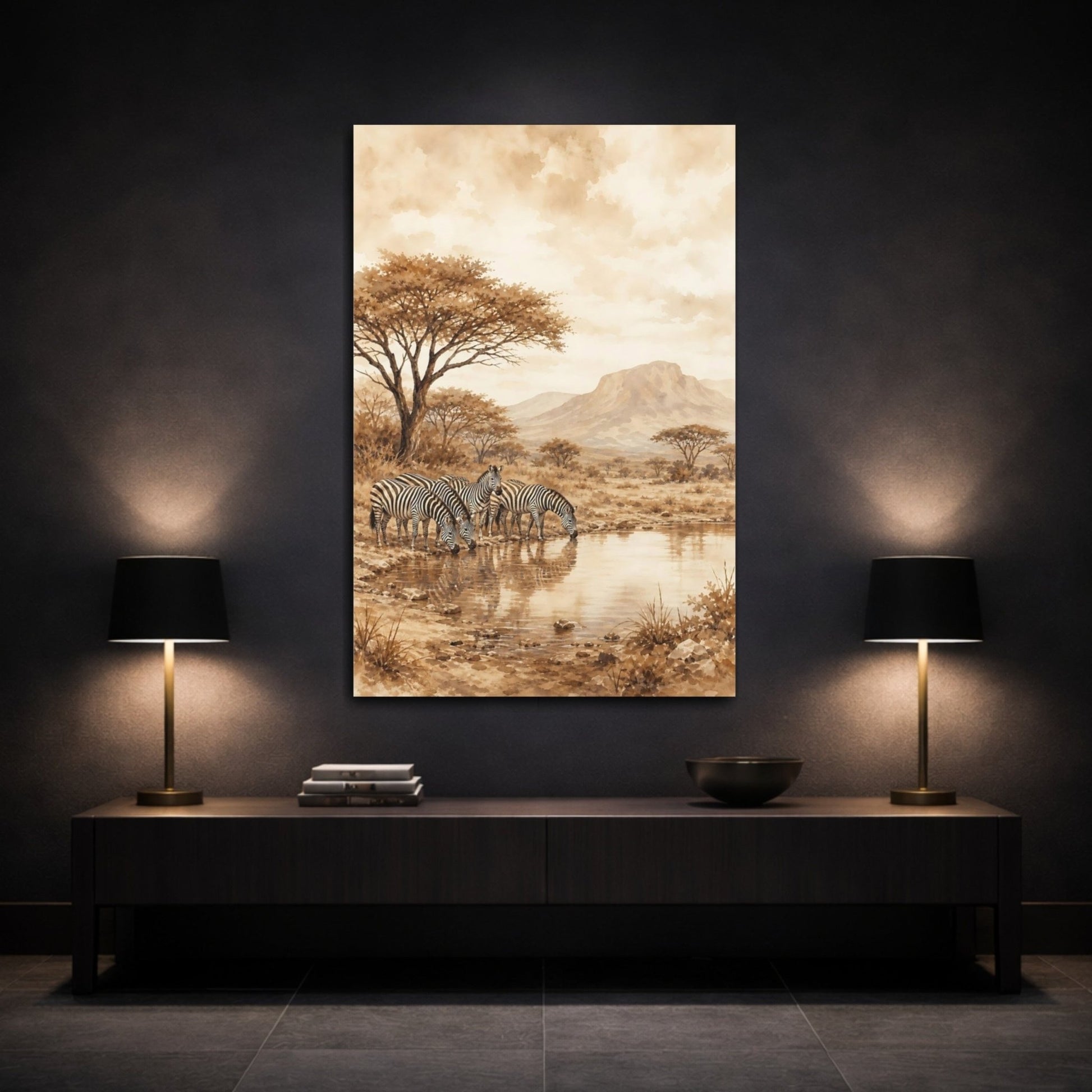 Soft Sepia Watercolor Landscape Wash Zebras Canvas Print – Living Room, Above Couch - YesArtYes