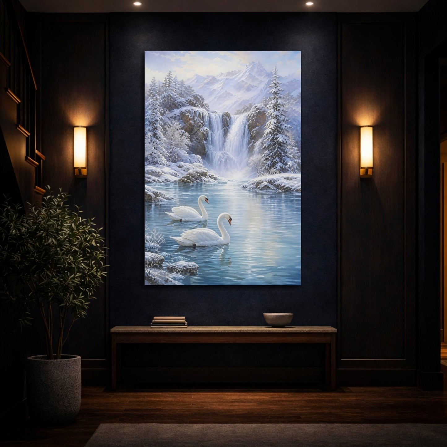 Soft Snow Landscape Oil With Pearly Canvas Print – Living Room, Above Couch, Blue and White - YesArtYes