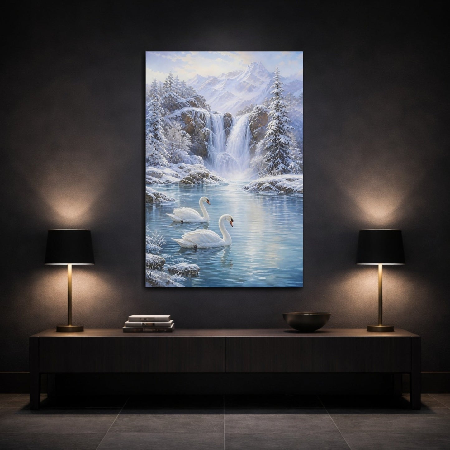 Soft Snow Landscape Oil With Pearly Canvas Print – Living Room, Above Couch, Blue and White - YesArtYes
