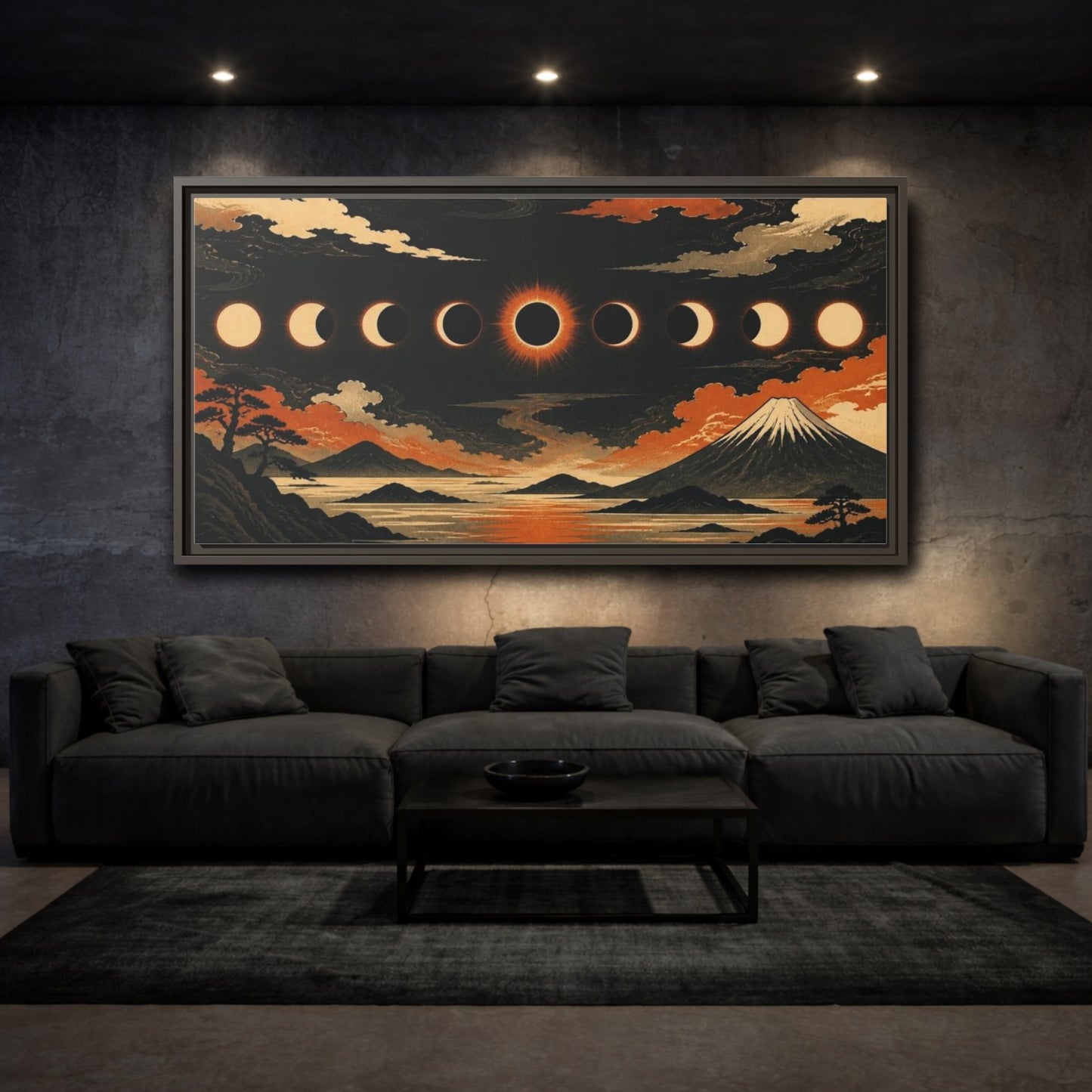 Mockup 3. Solar Eclipse Over Mountain Range shown as framed canvas print