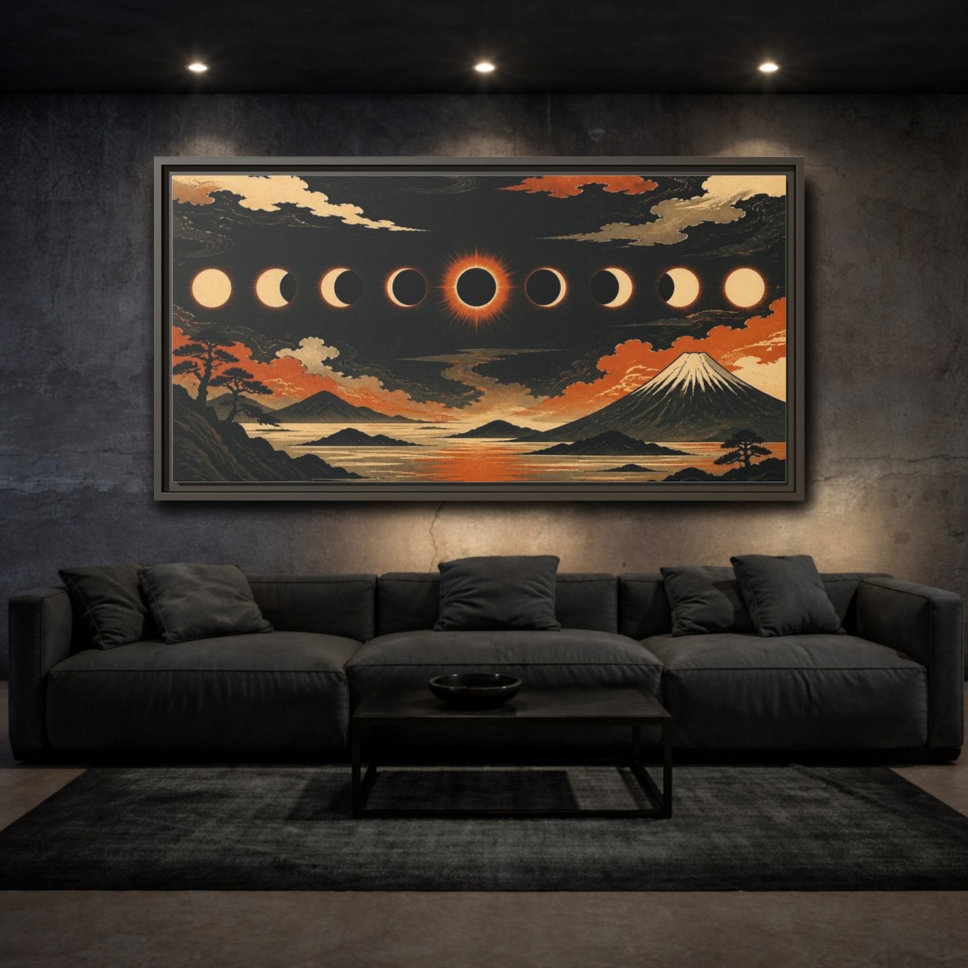 Mockup 3. Solar Eclipse Over Mountain Range shown as framed canvas print