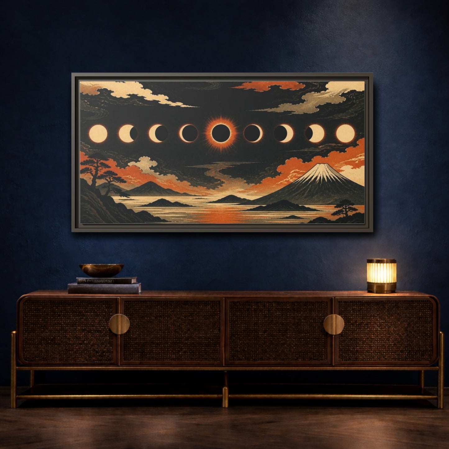 Mockup 4. Solar Eclipse Over Mountain Range shown as framed canvas print