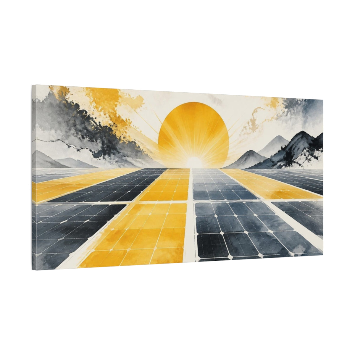 Main Mockup. Solar Panel Sunrise shown as canvas print