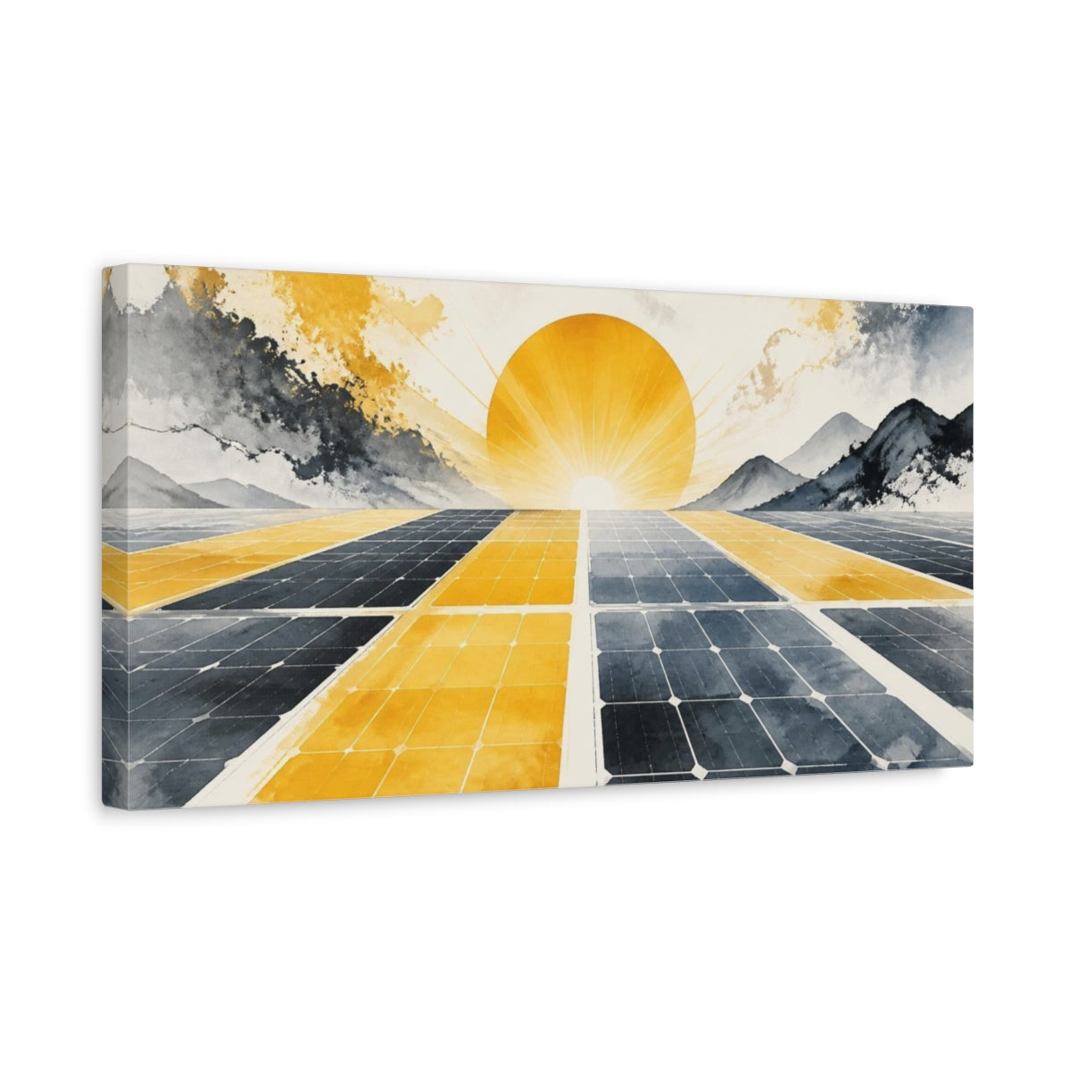 Side Mockup 3. Solar Panel Sunrise shown as canvas print