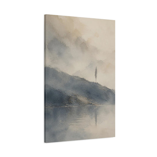 Main Mockup. Solitary Tree By Quiet Lake shown as canvas print
