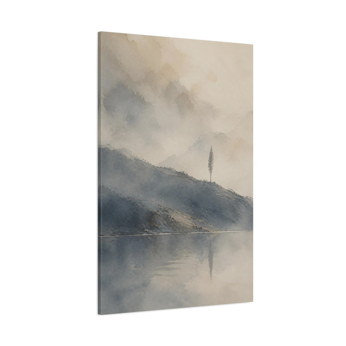 Side Mockup 1. Solitary Tree By Quiet Lake shown as canvas print