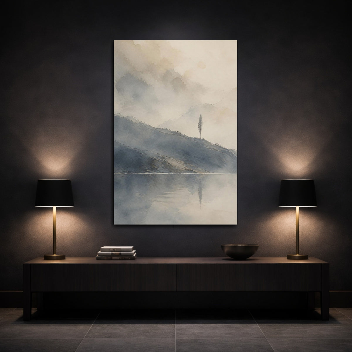 Mockup 3. Solitary Tree By Quiet Lake shown as canvas print