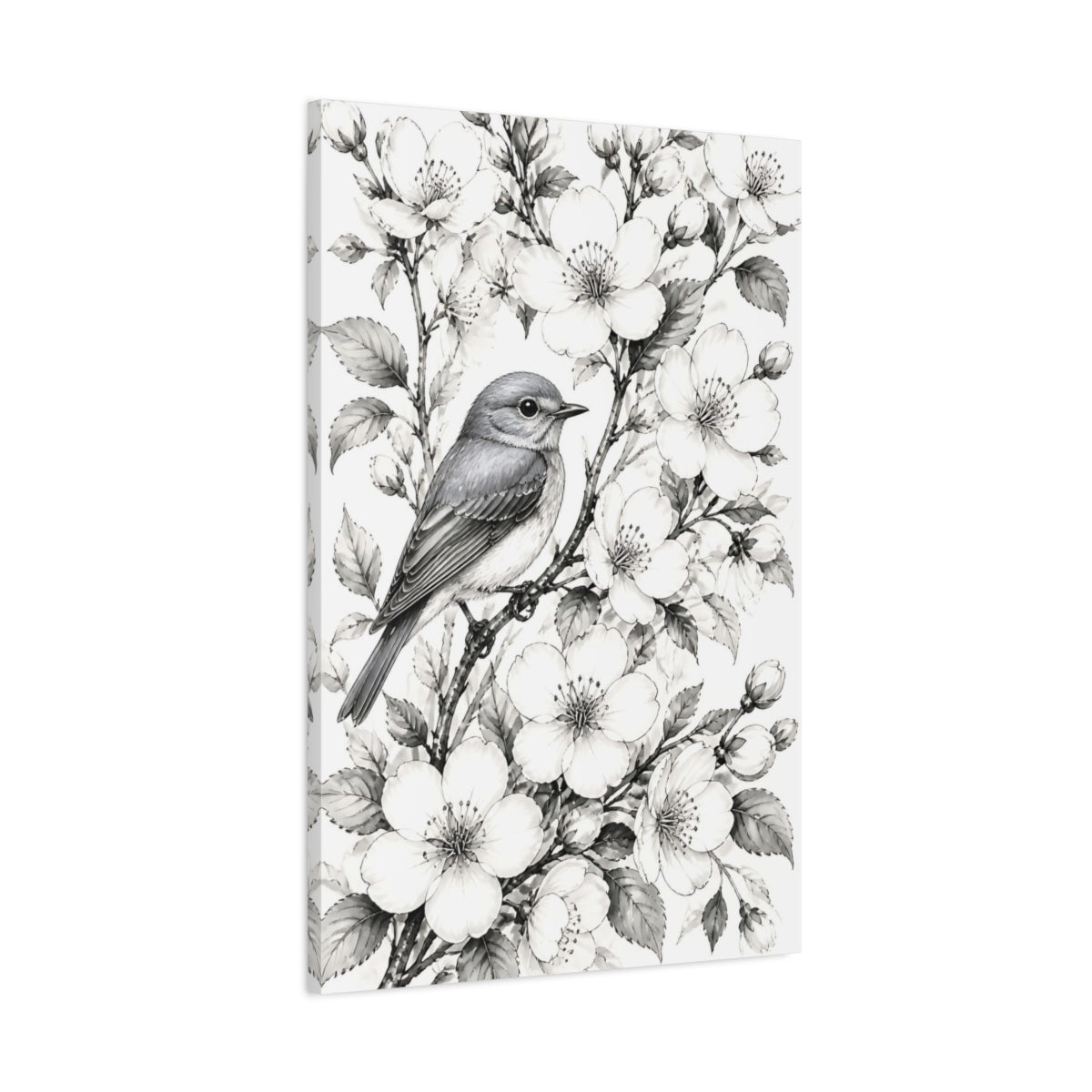 Main Mockup. Songbird Among Flowers shown as canvas print