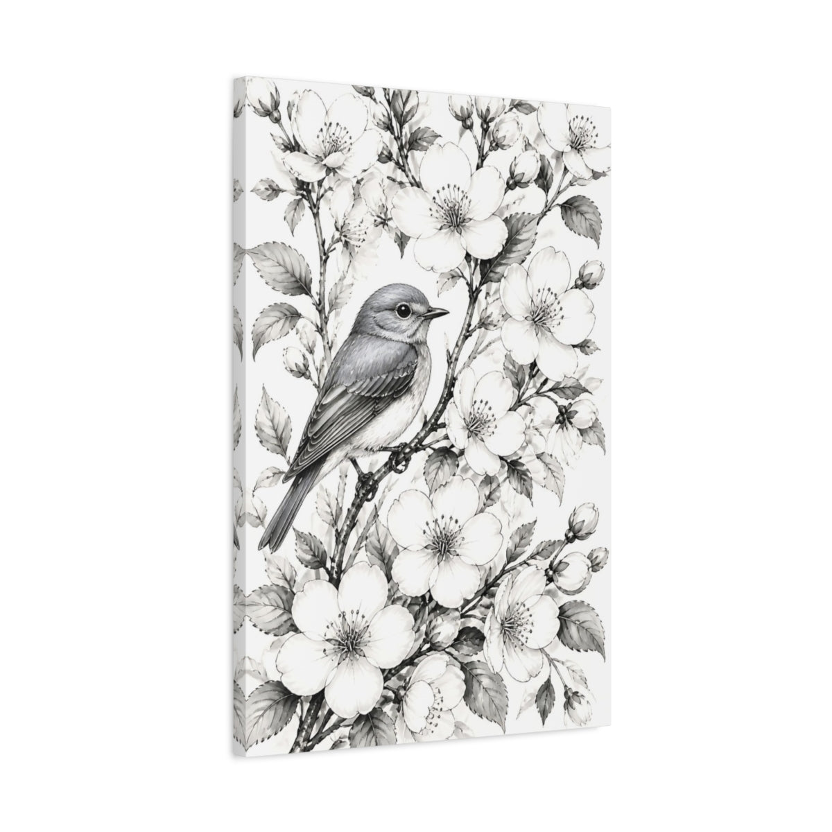 Side Mockup 2. Songbird Among Flowers shown as canvas print