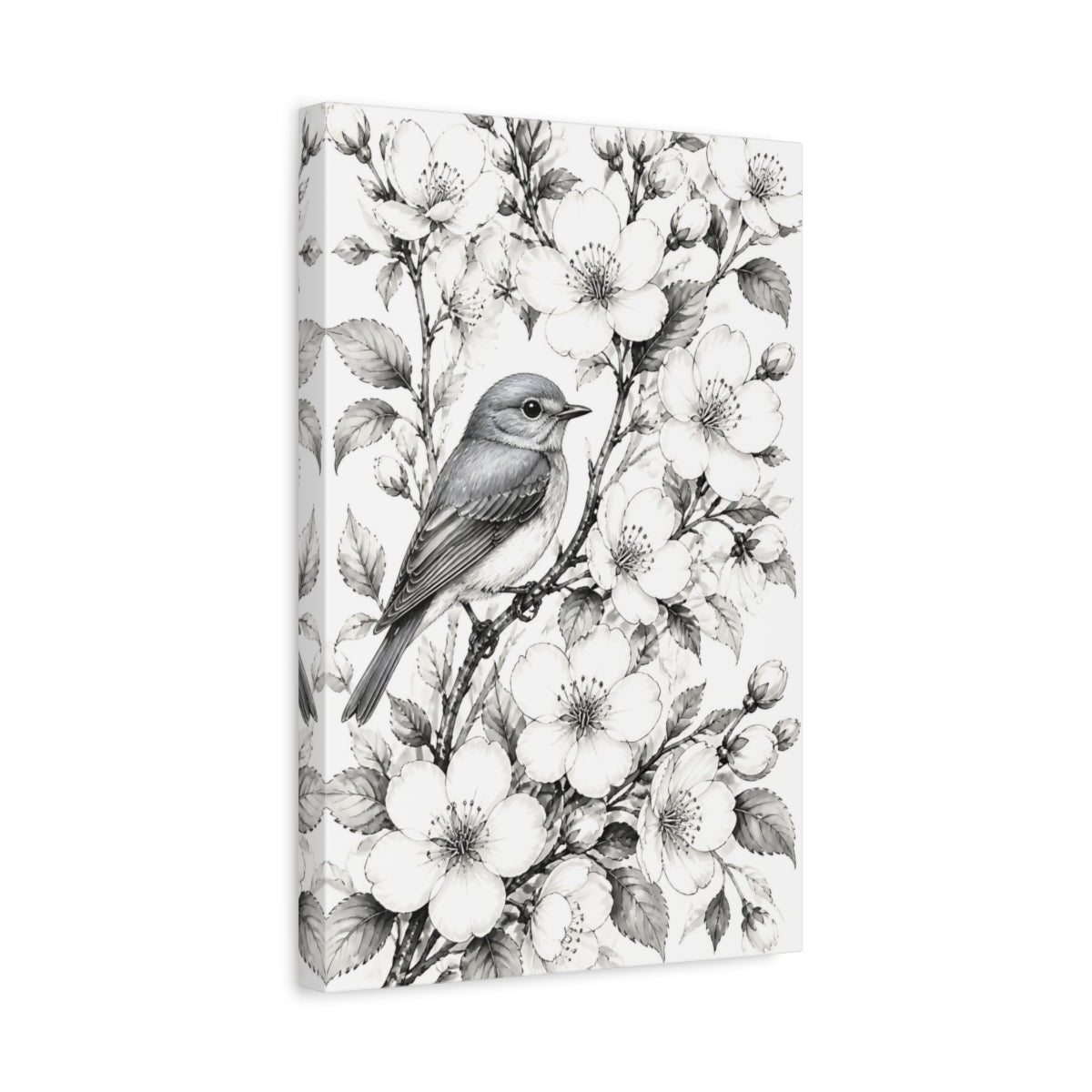 Side Mockup 4. Songbird Among Flowers shown as canvas print