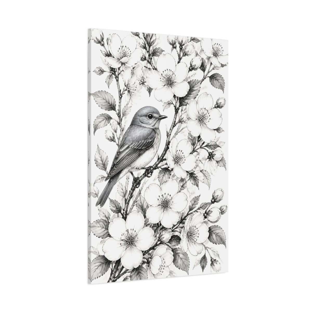 Side Mockup 1. Songbird Among Flowers shown as canvas print