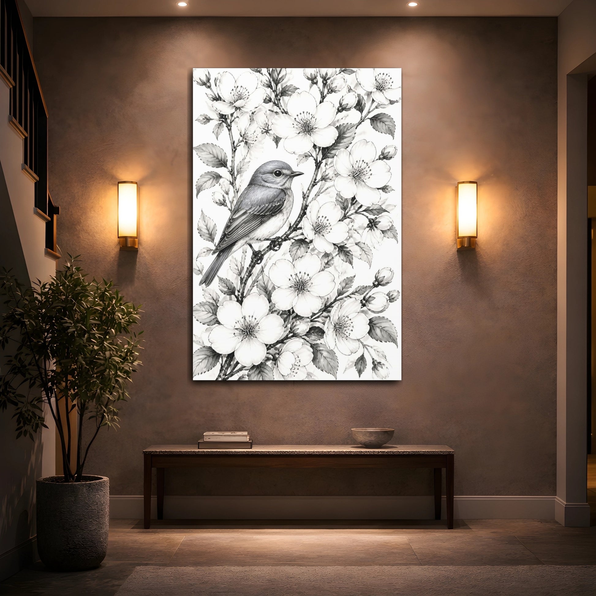 Mockup 2. Songbird Among Flowers shown as canvas print