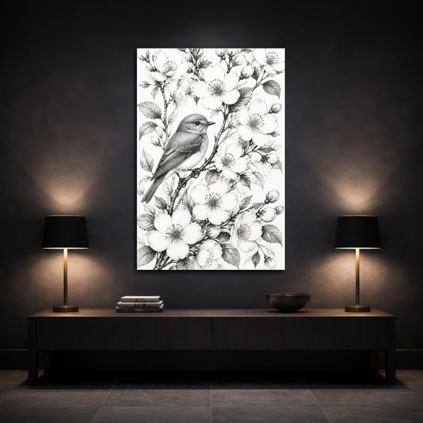 Mockup 3. Songbird Among Flowers shown as canvas print