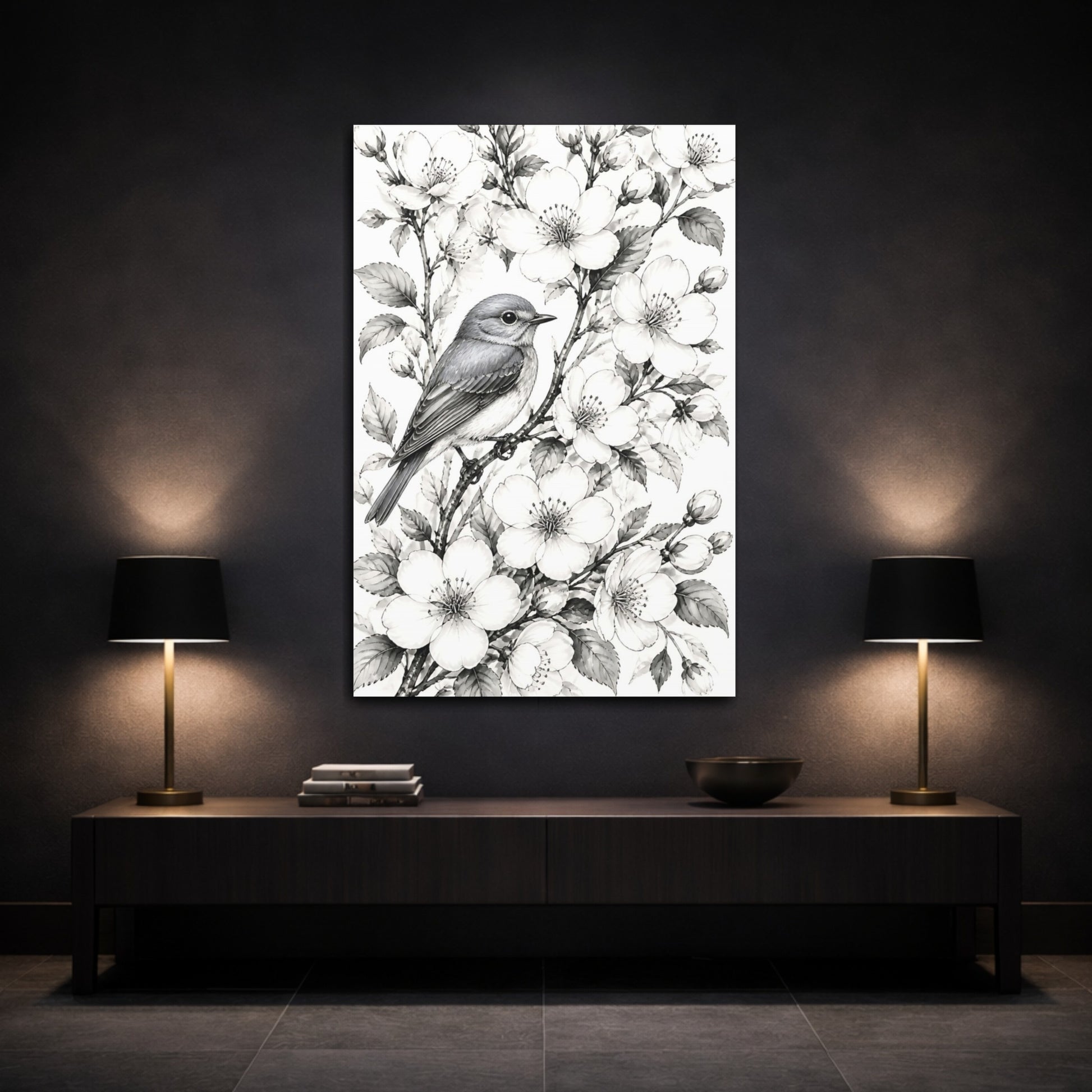 Mockup 3. Songbird Among Flowers shown as canvas print