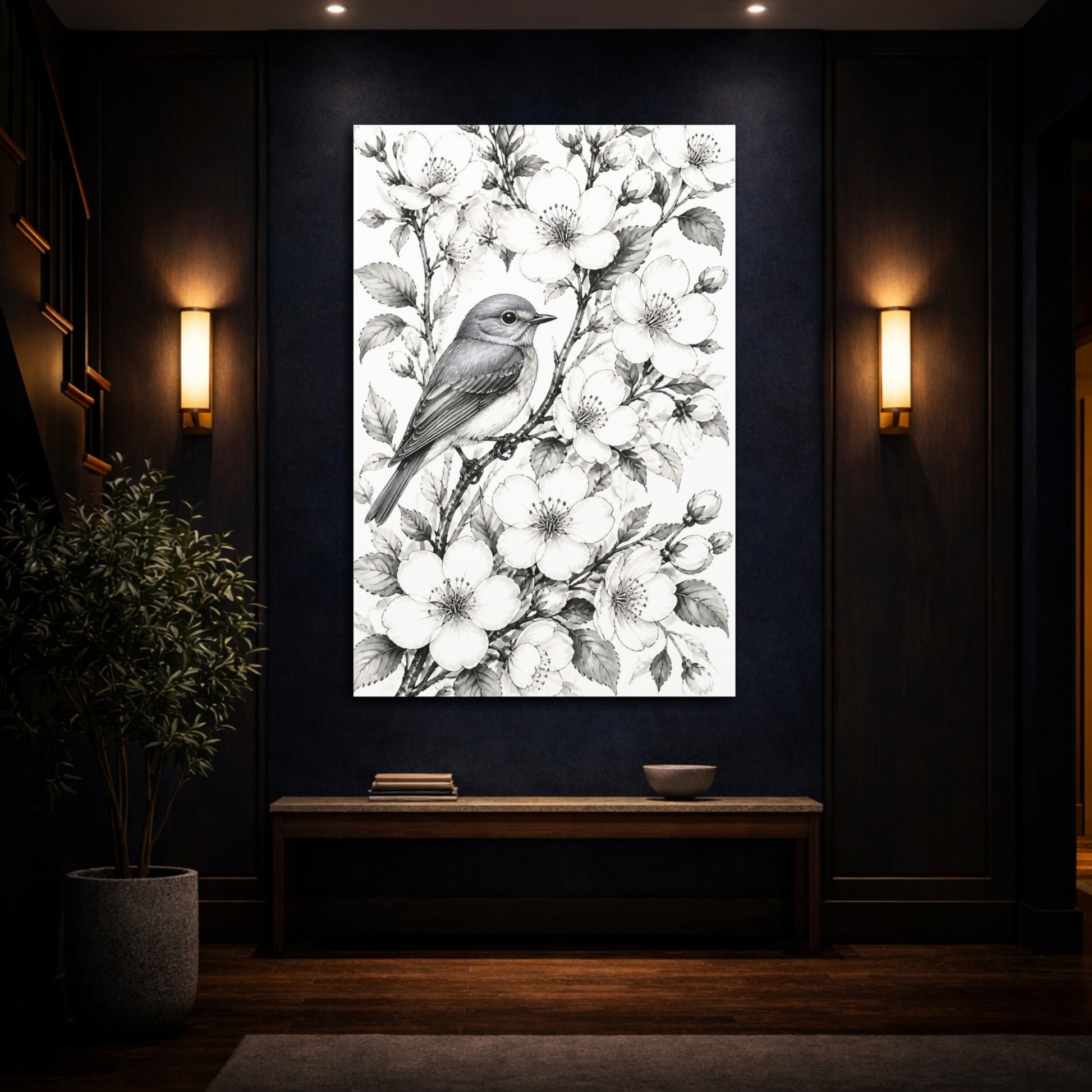 Mockup 4. Songbird Among Flowers shown as canvas print