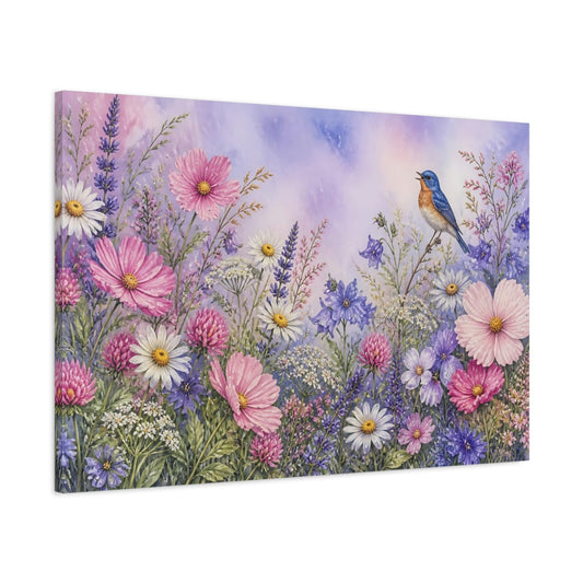 Main Mockup. Songbird In Wildflowers shown as canvas print