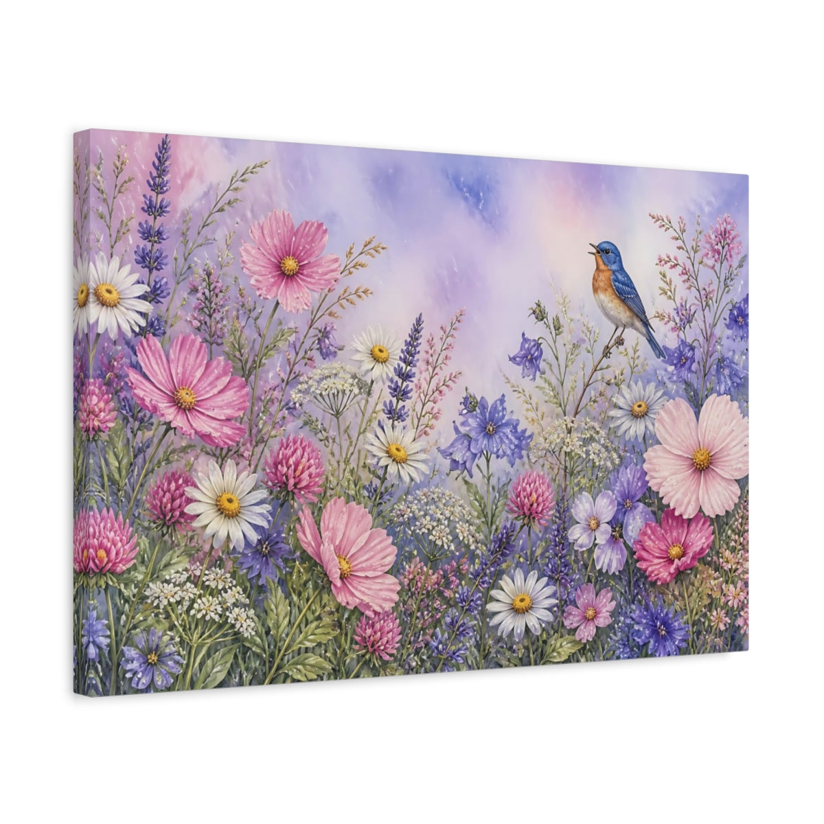 Side Mockup 3. Songbird In Wildflowers shown as canvas print