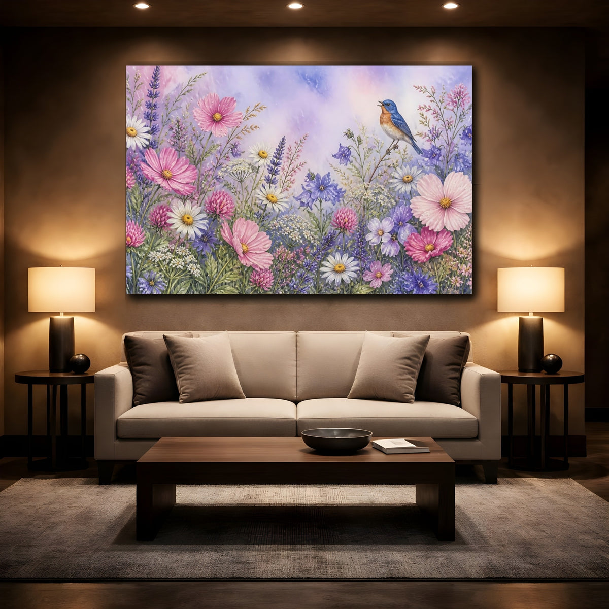 Mockup 2. Songbird In Wildflowers shown as canvas print