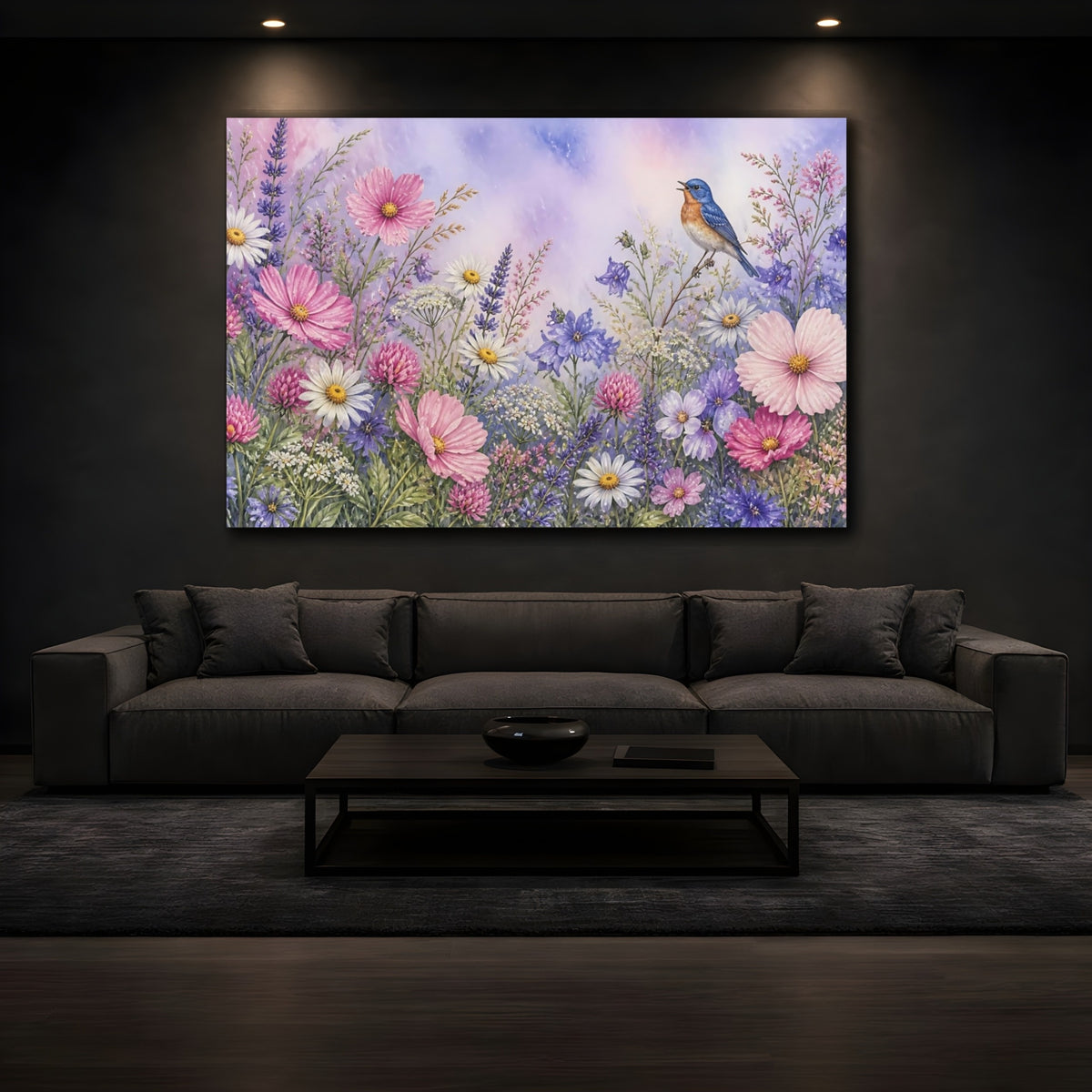 Mockup 3. Songbird In Wildflowers shown as canvas print
