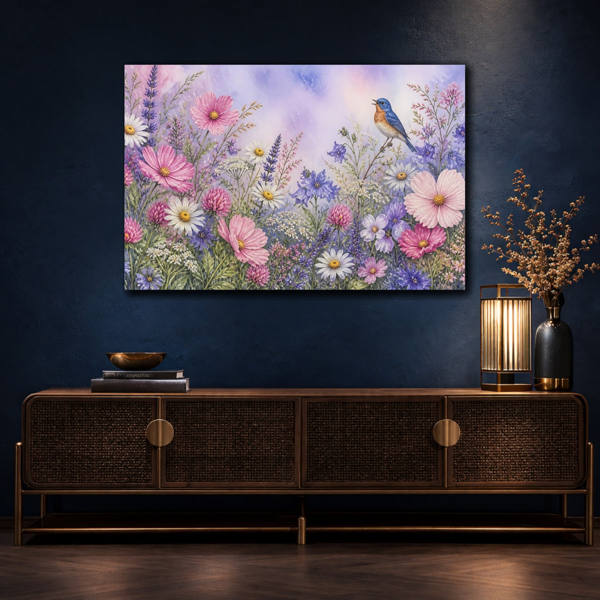Mockup 4. Songbird In Wildflowers shown as canvas print