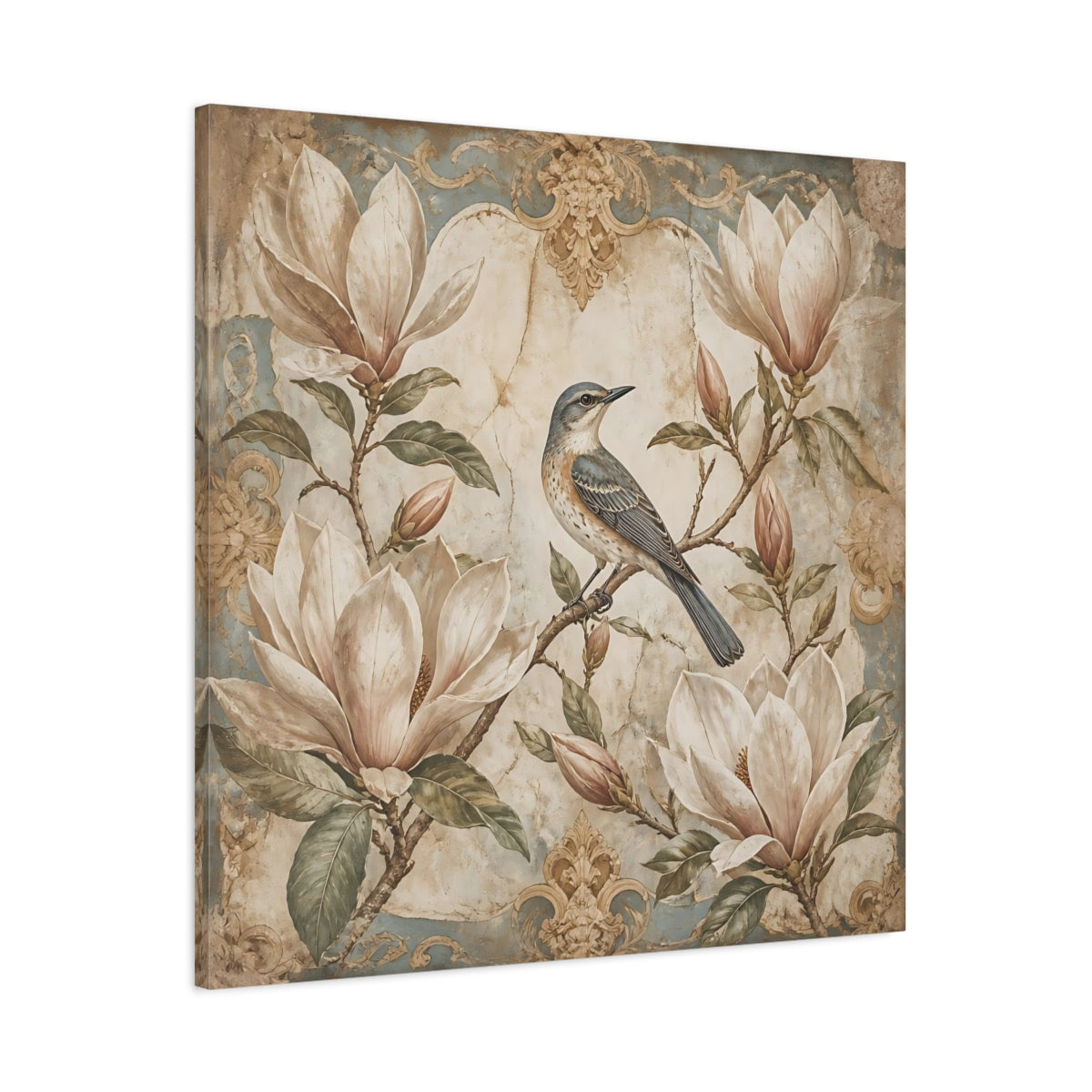 Main Mockup. Songbird On Floral Magnolia shown as canvas print